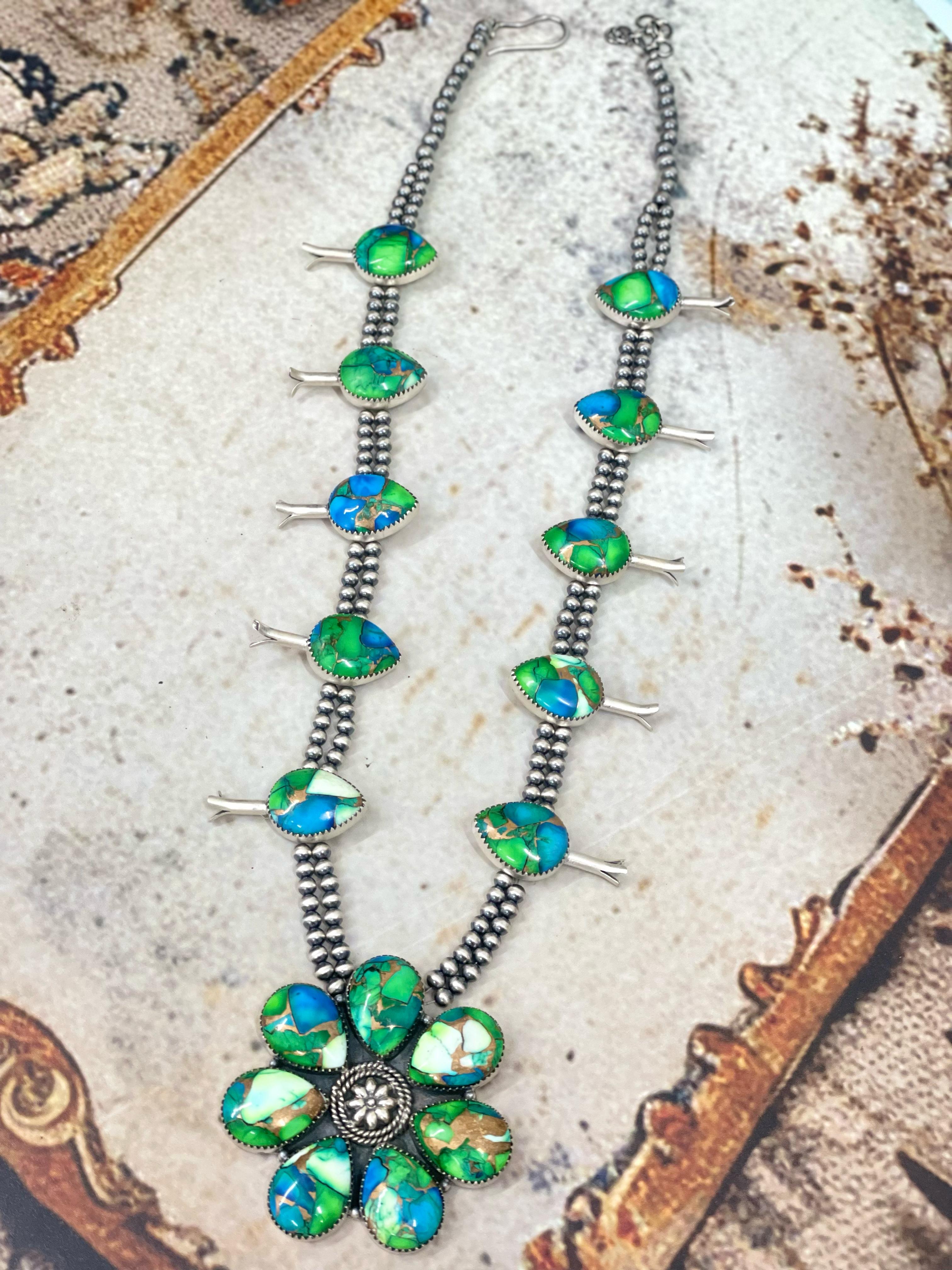 Handmade Sterling Silver Peacock Dahlia Cluster Necklace with Signed Nizhoni