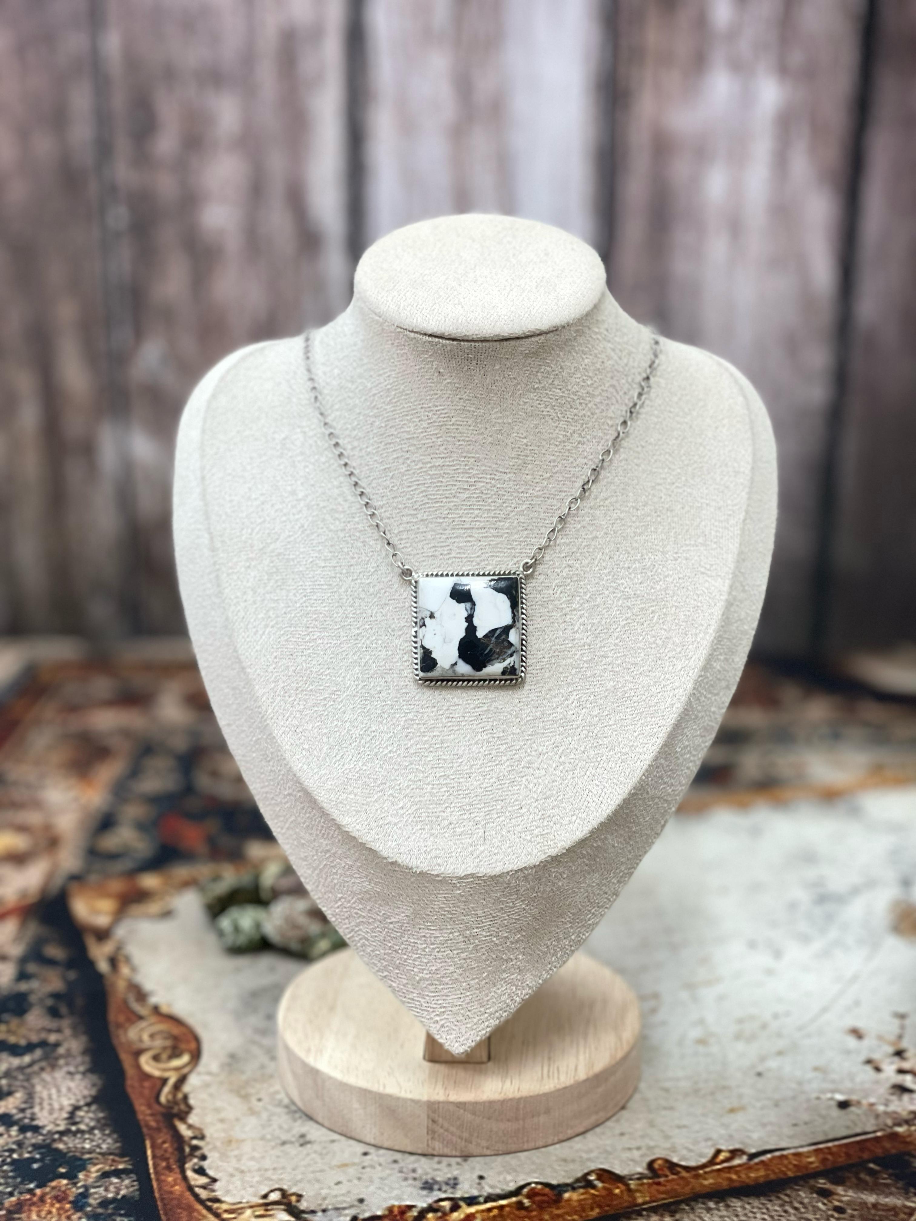 Handmade Sterling Silver White Buffalo, Peacock Dahlia Square Necklace, Signed Nizhoni