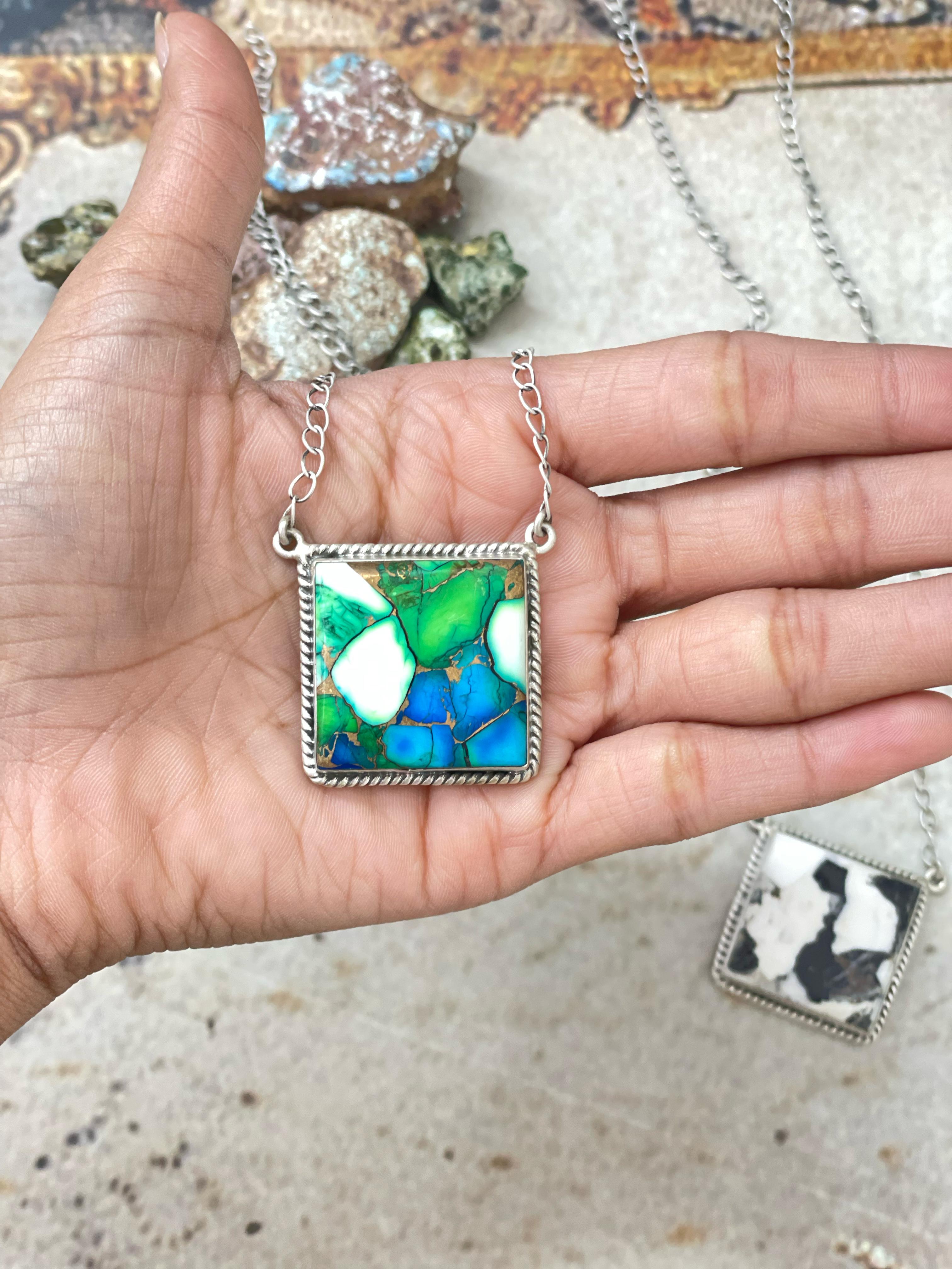 Handmade Sterling Silver White Buffalo, Peacock Dahlia Square Necklace, Signed Nizhoni