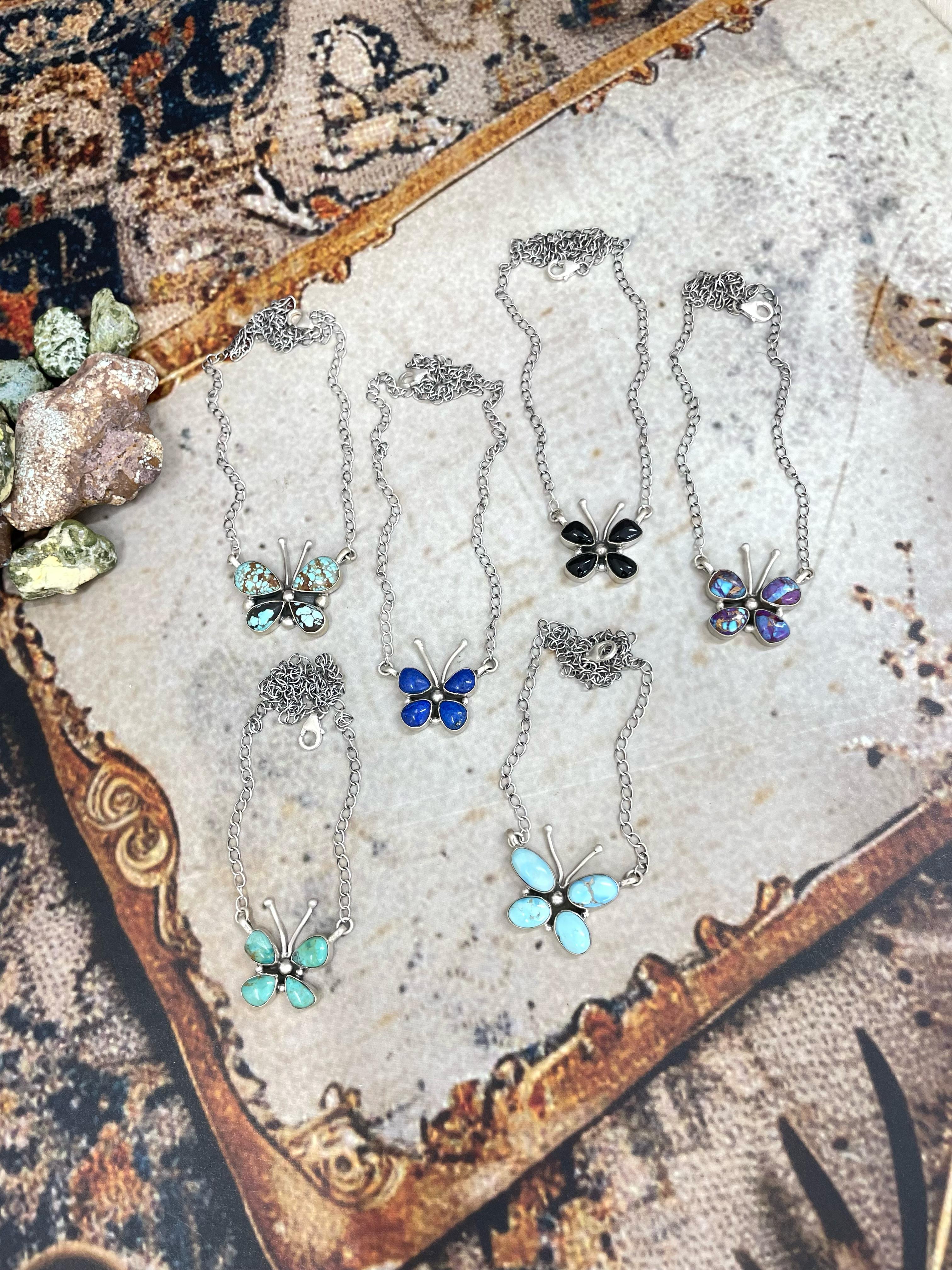 Handmade Sterling Silver Multi Stone Butterfly Necklace with Signed Nizhoni