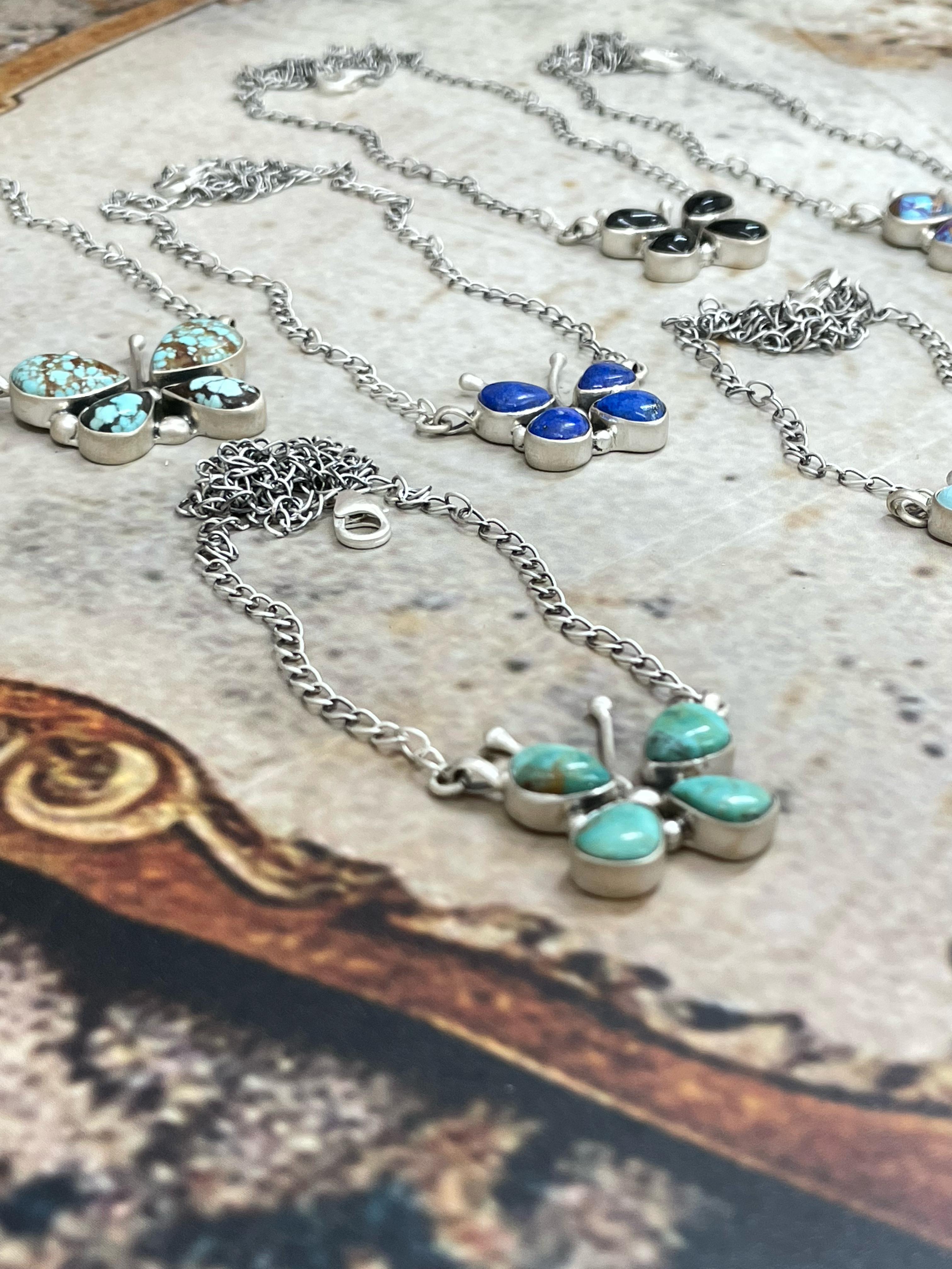 Handmade Sterling Silver Multi Stone Butterfly Necklace with Signed Nizhoni