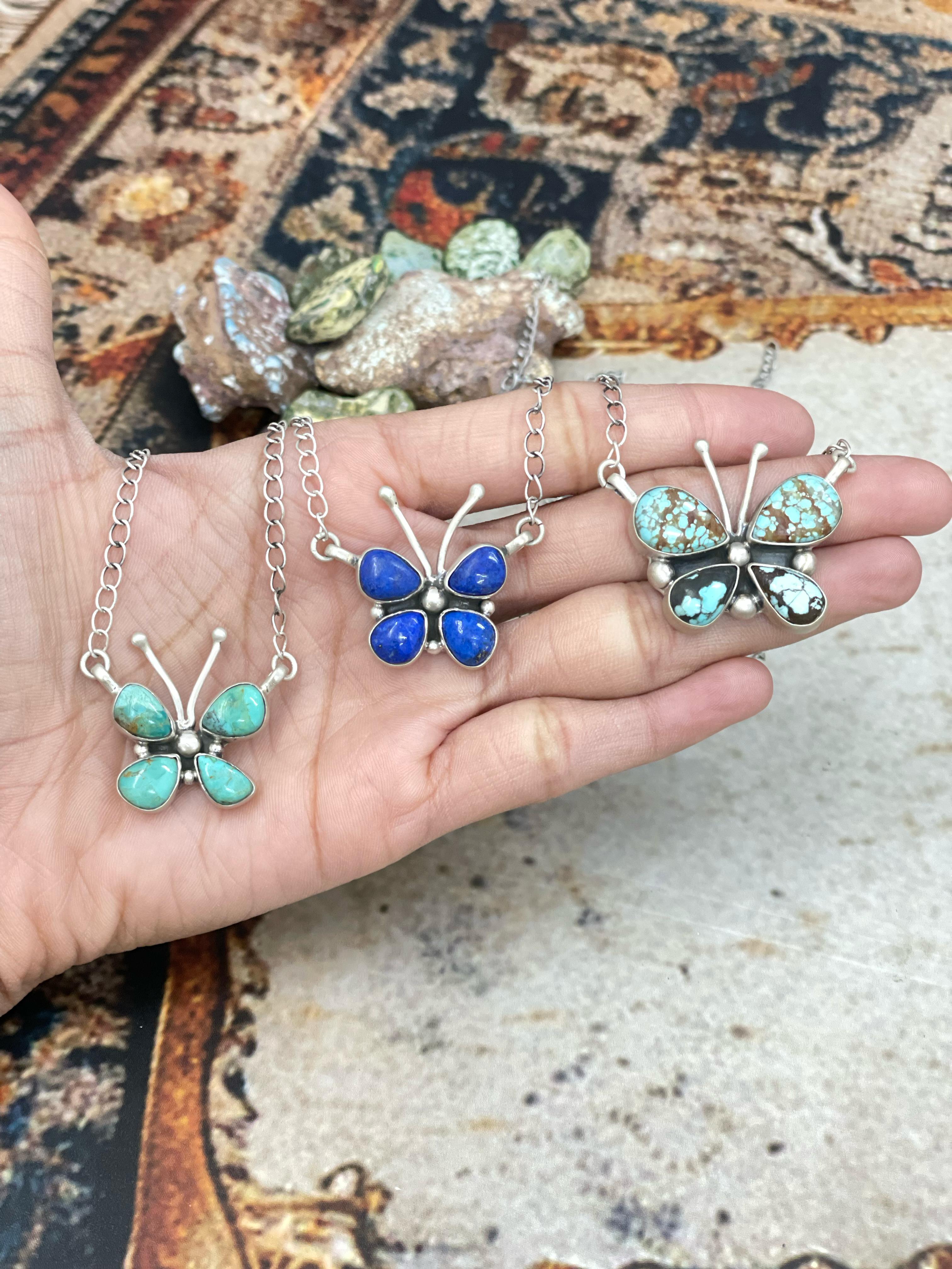 Handmade Sterling Silver Multi Stone Butterfly Necklace with Signed Nizhoni