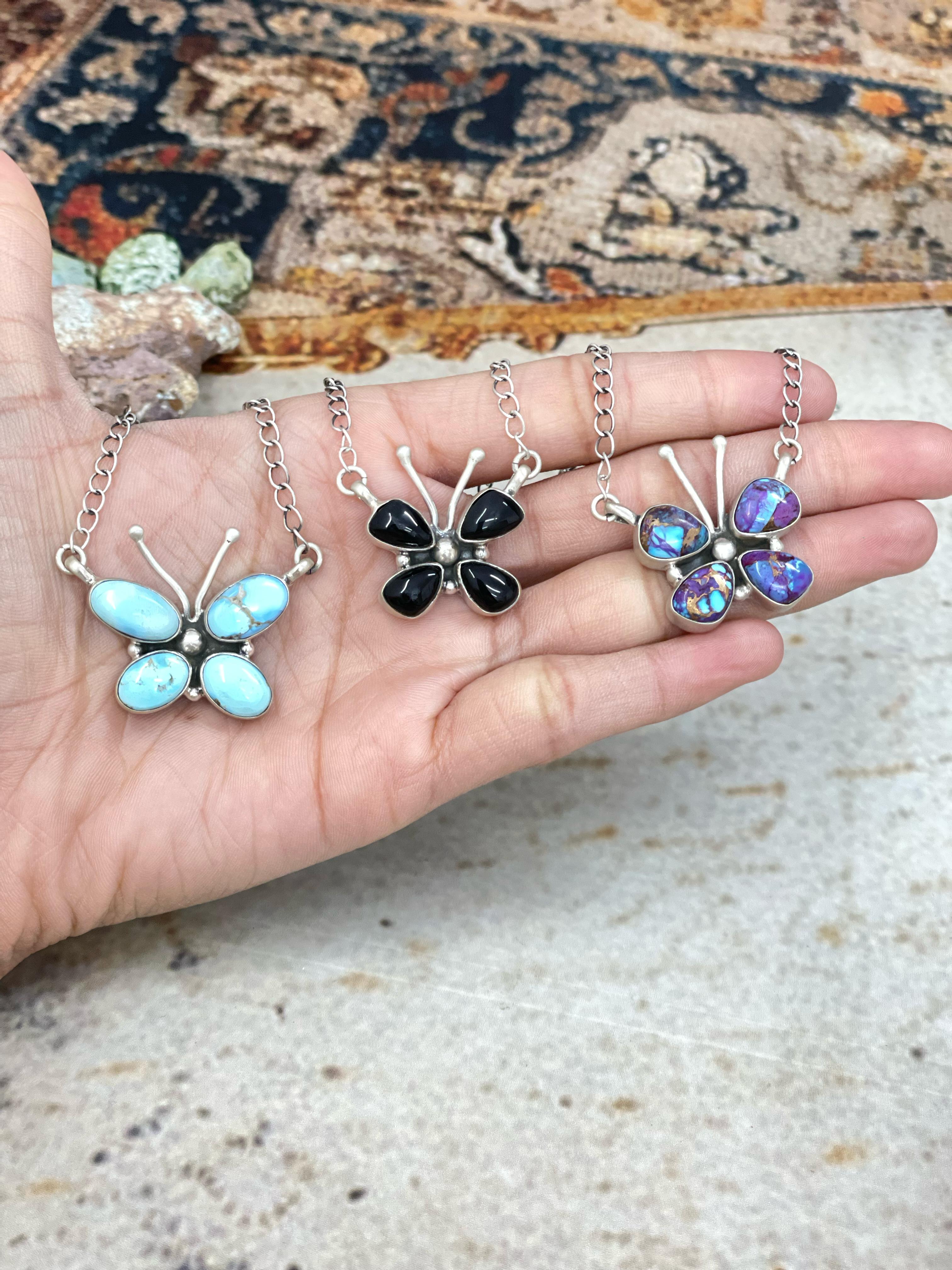 Handmade Sterling Silver Multi Stone Butterfly Necklace with Signed Nizhoni