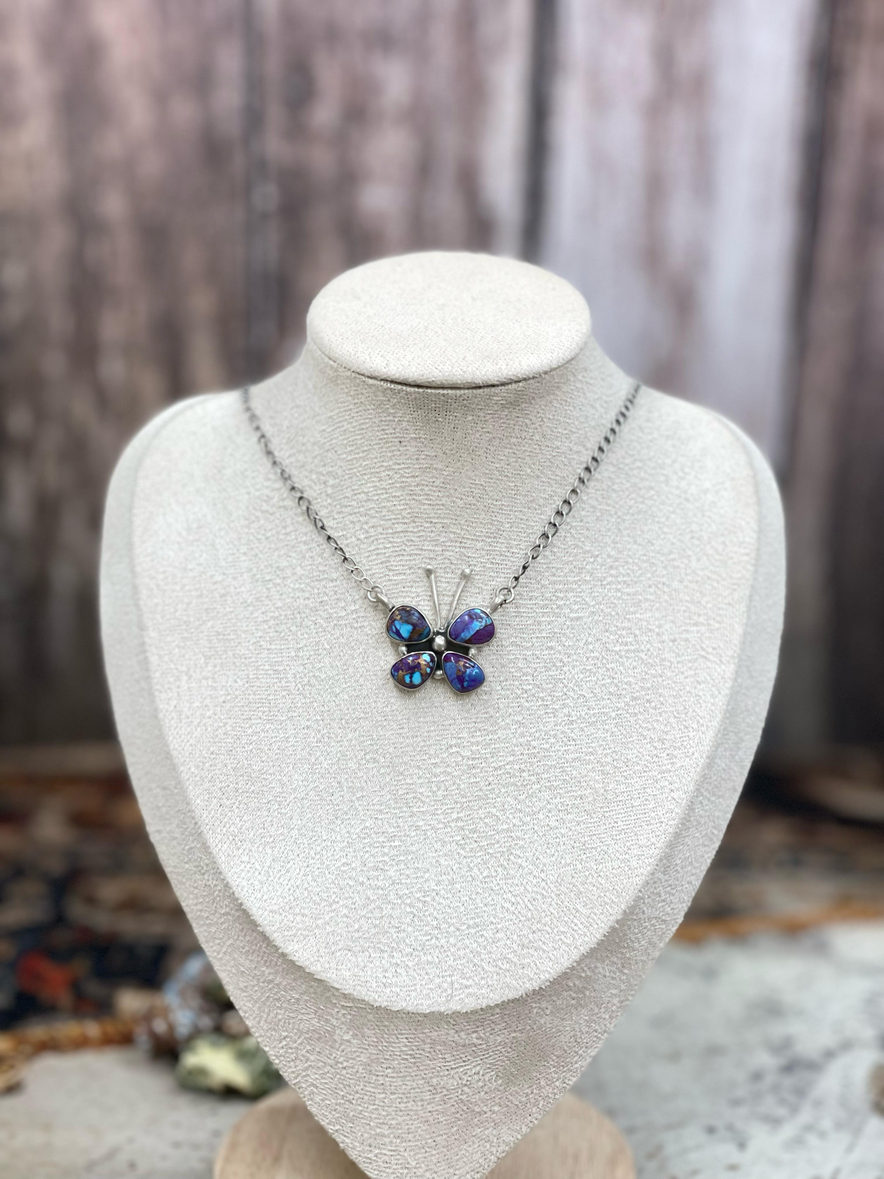 Handmade Sterling Silver Multi Stone Butterfly Necklace with Signed Nizhoni
