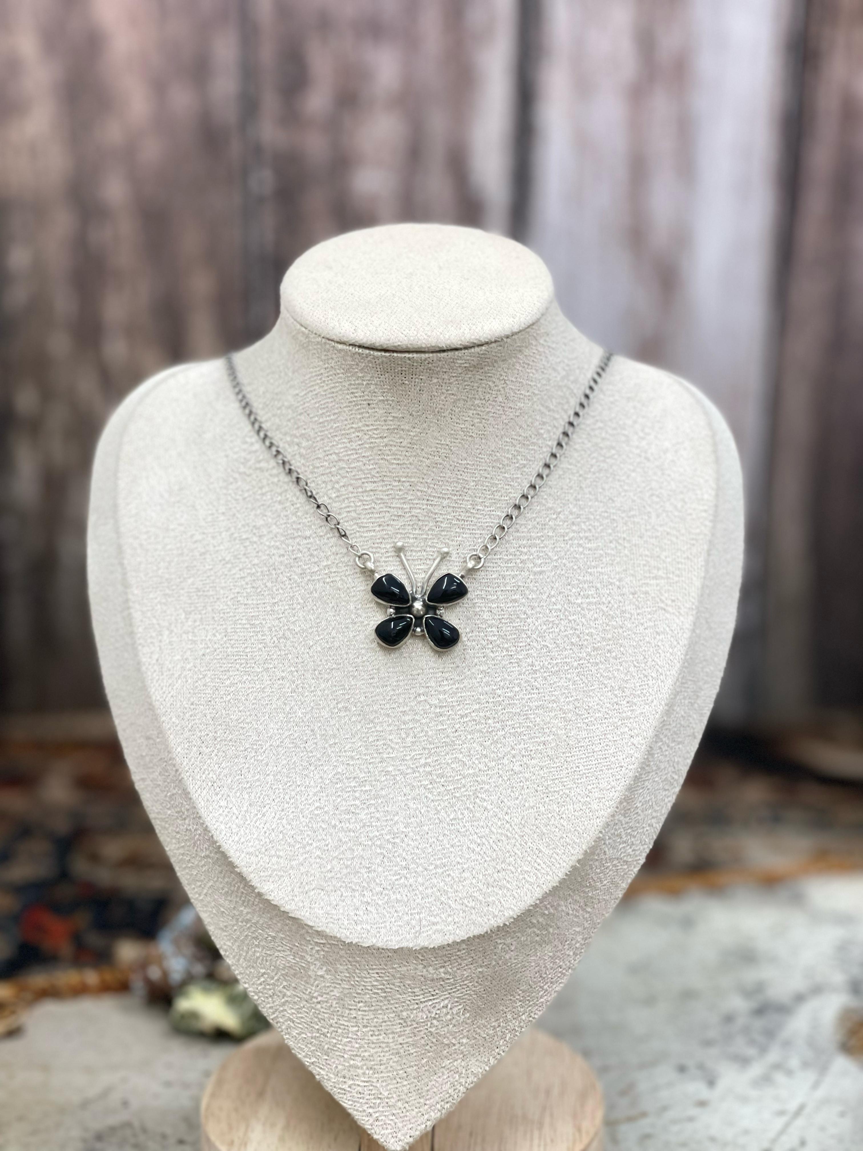 Handmade Sterling Silver Multi Stone Butterfly Necklace with Signed Nizhoni