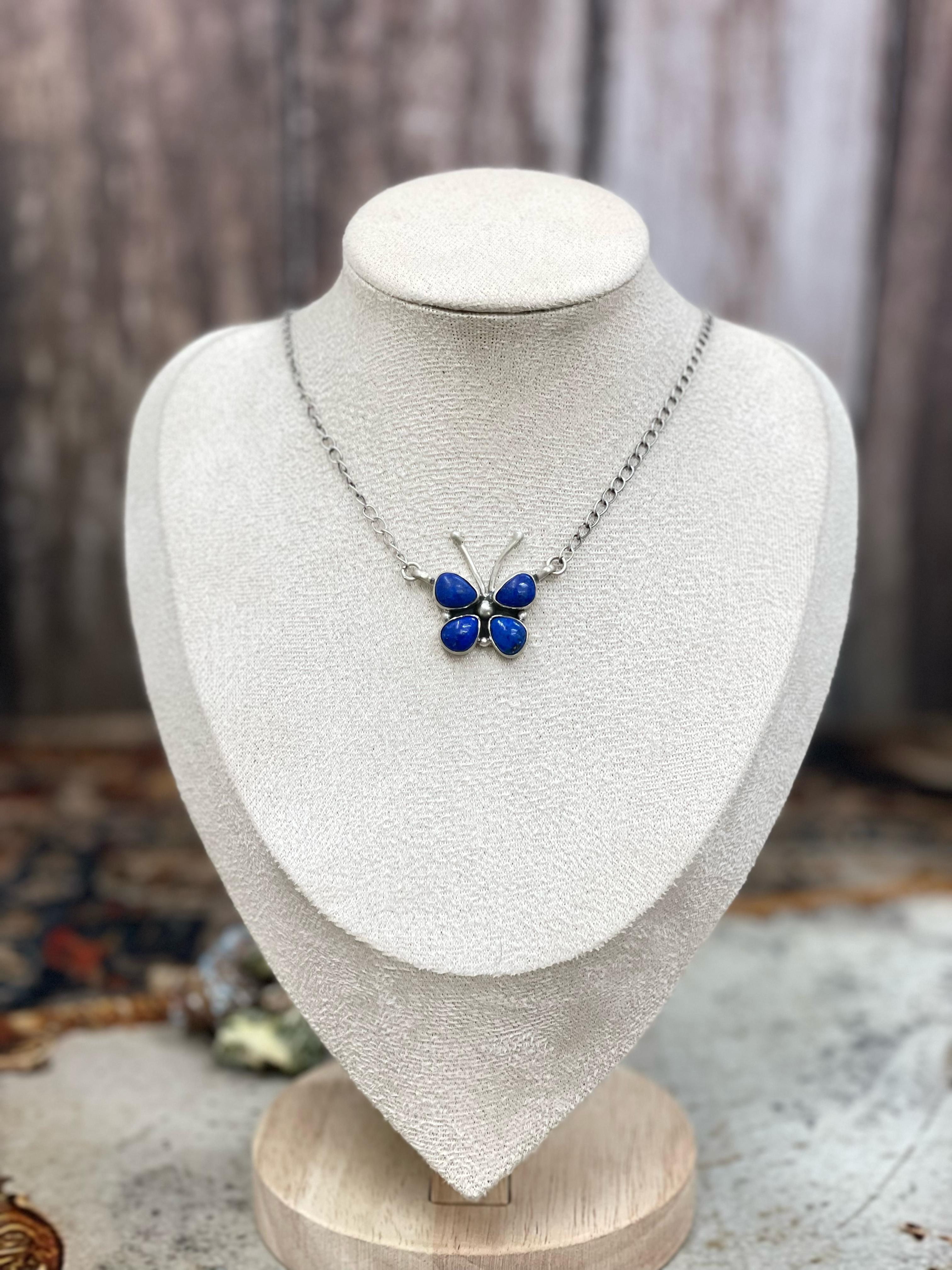 Handmade Sterling Silver Multi Stone Butterfly Necklace with Signed Nizhoni