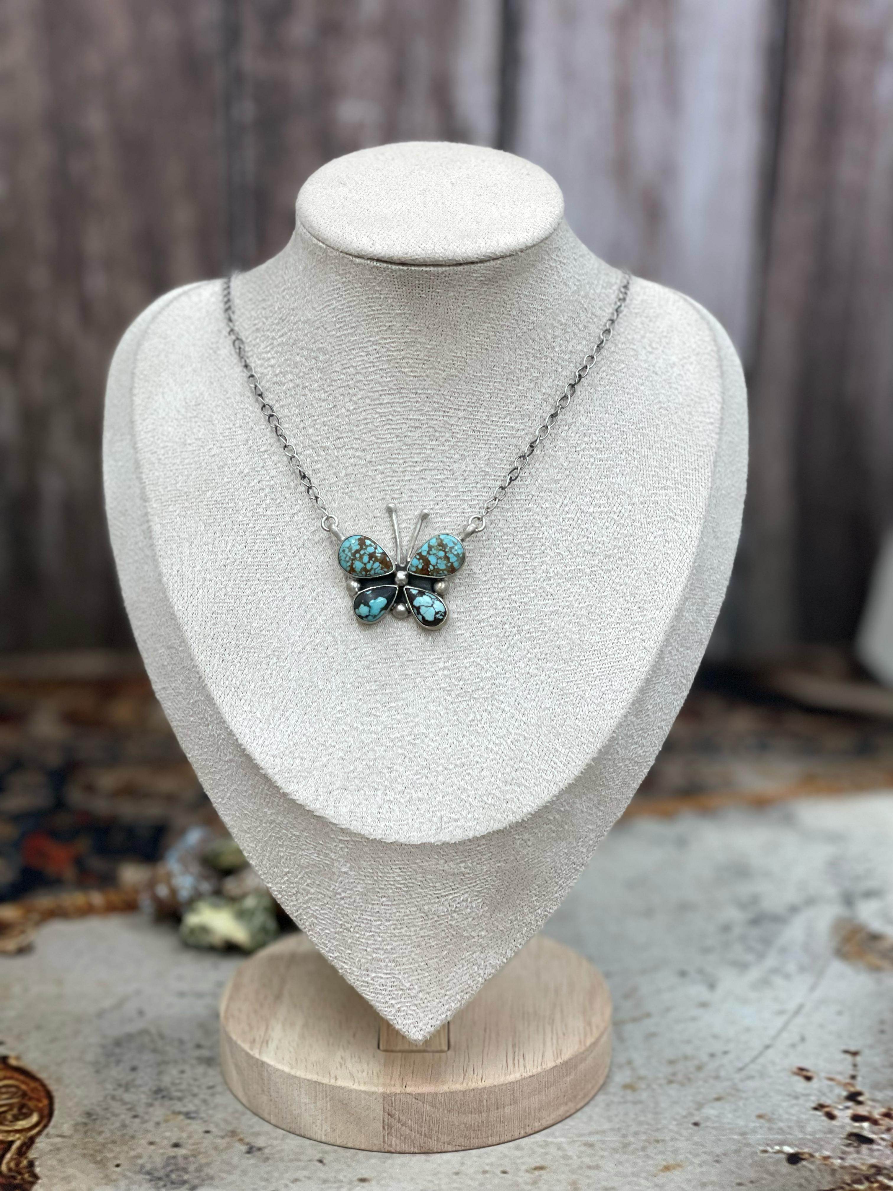 Handmade Sterling Silver Multi Stone Butterfly Necklace with Signed Nizhoni