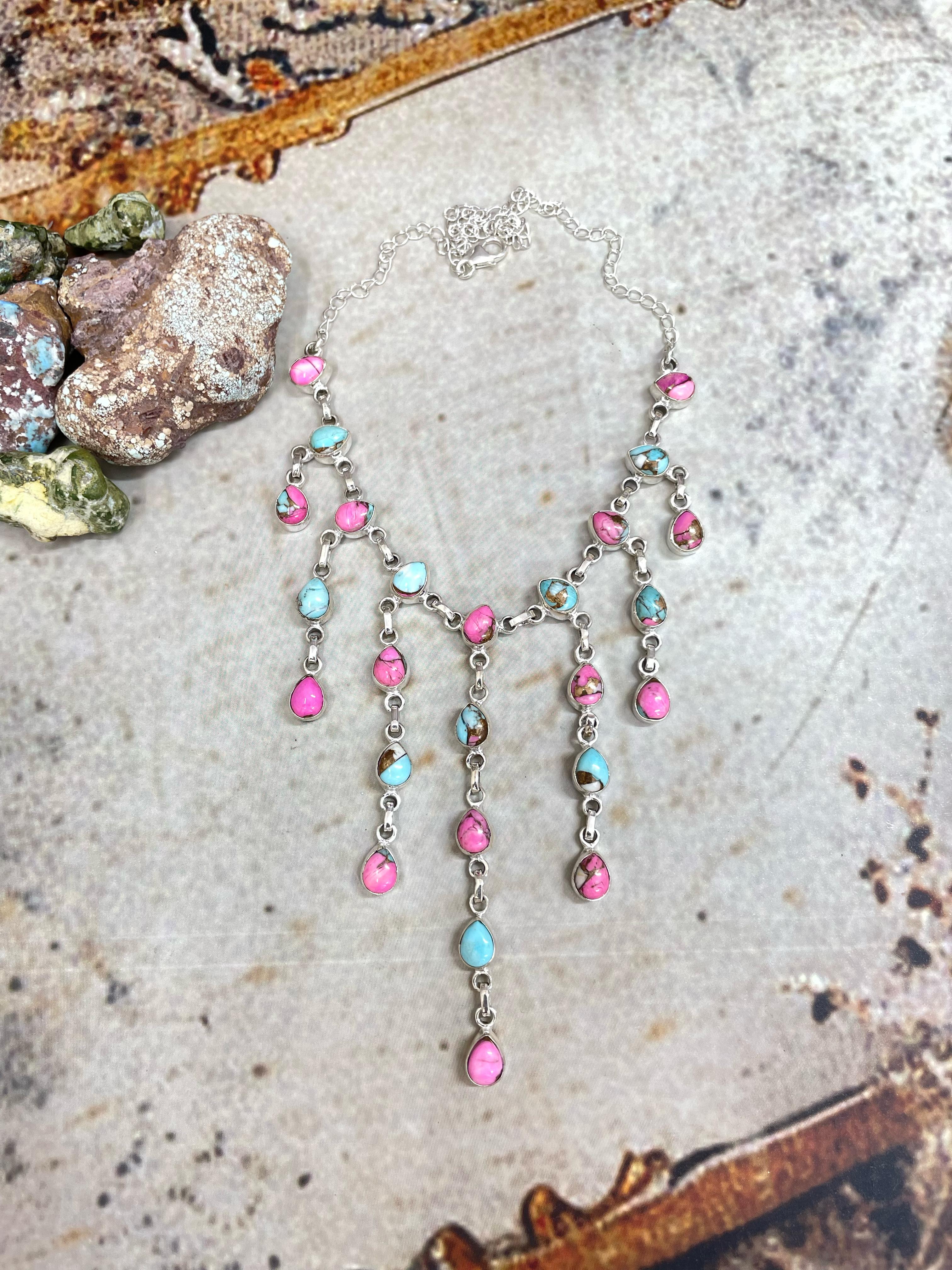 Handmade Sterling Silver Cotton Candy Drop Turquoise Necklace, Signed Nizhoni