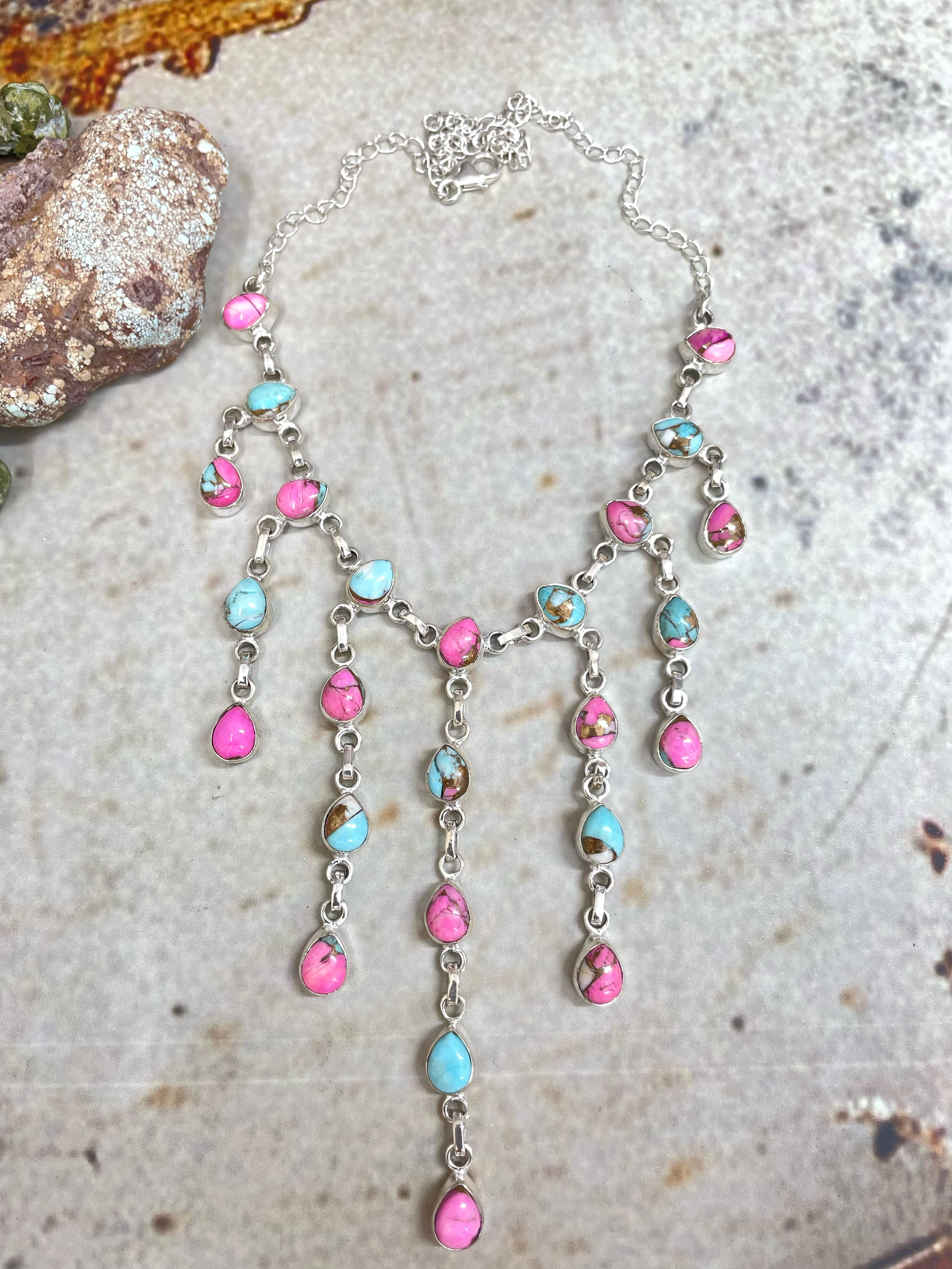 Handmade Sterling Silver Cotton Candy Drop Turquoise Necklace, Signed Nizhoni