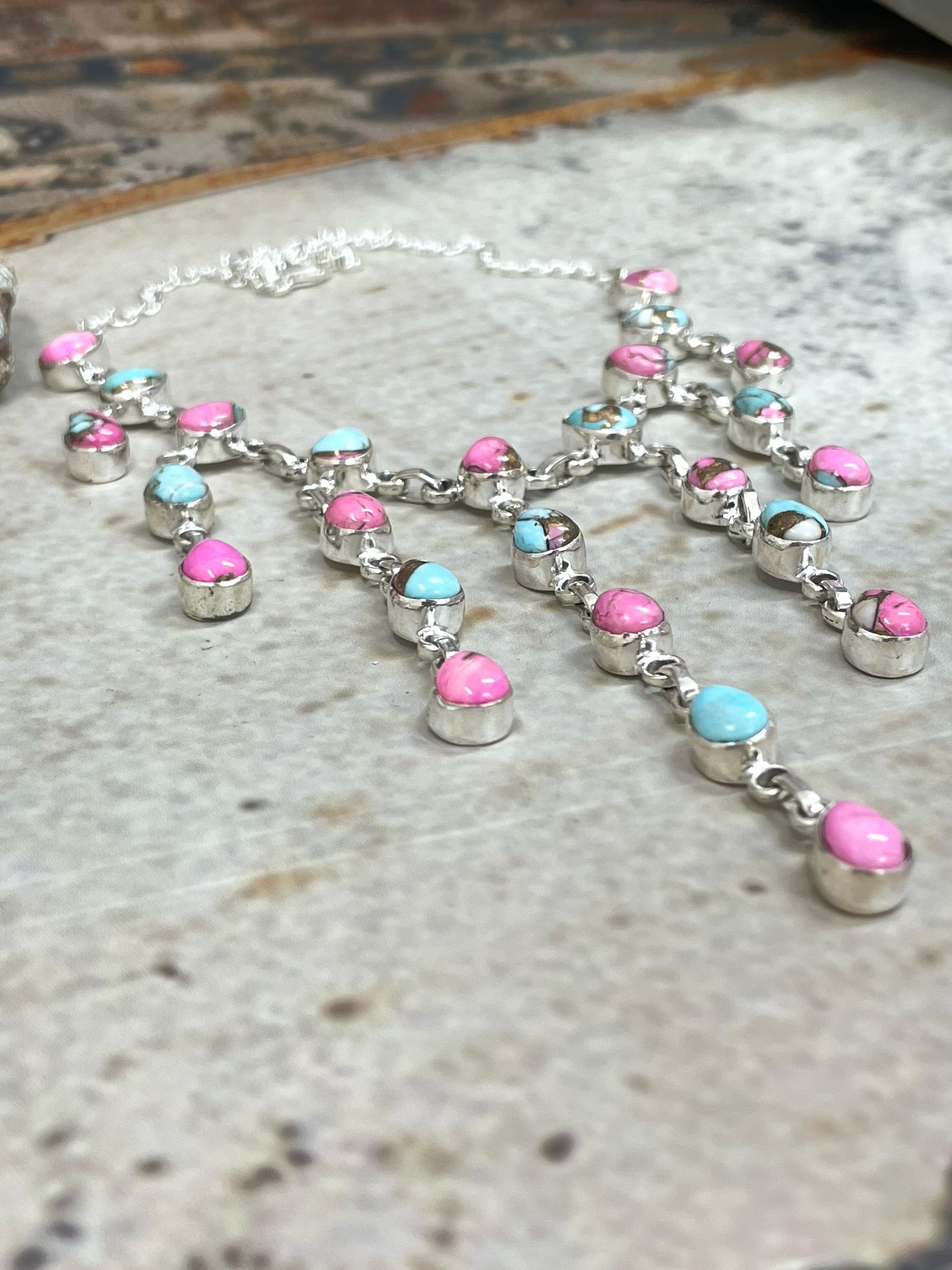 Handmade Sterling Silver Cotton Candy Drop Turquoise Necklace, Signed Nizhoni