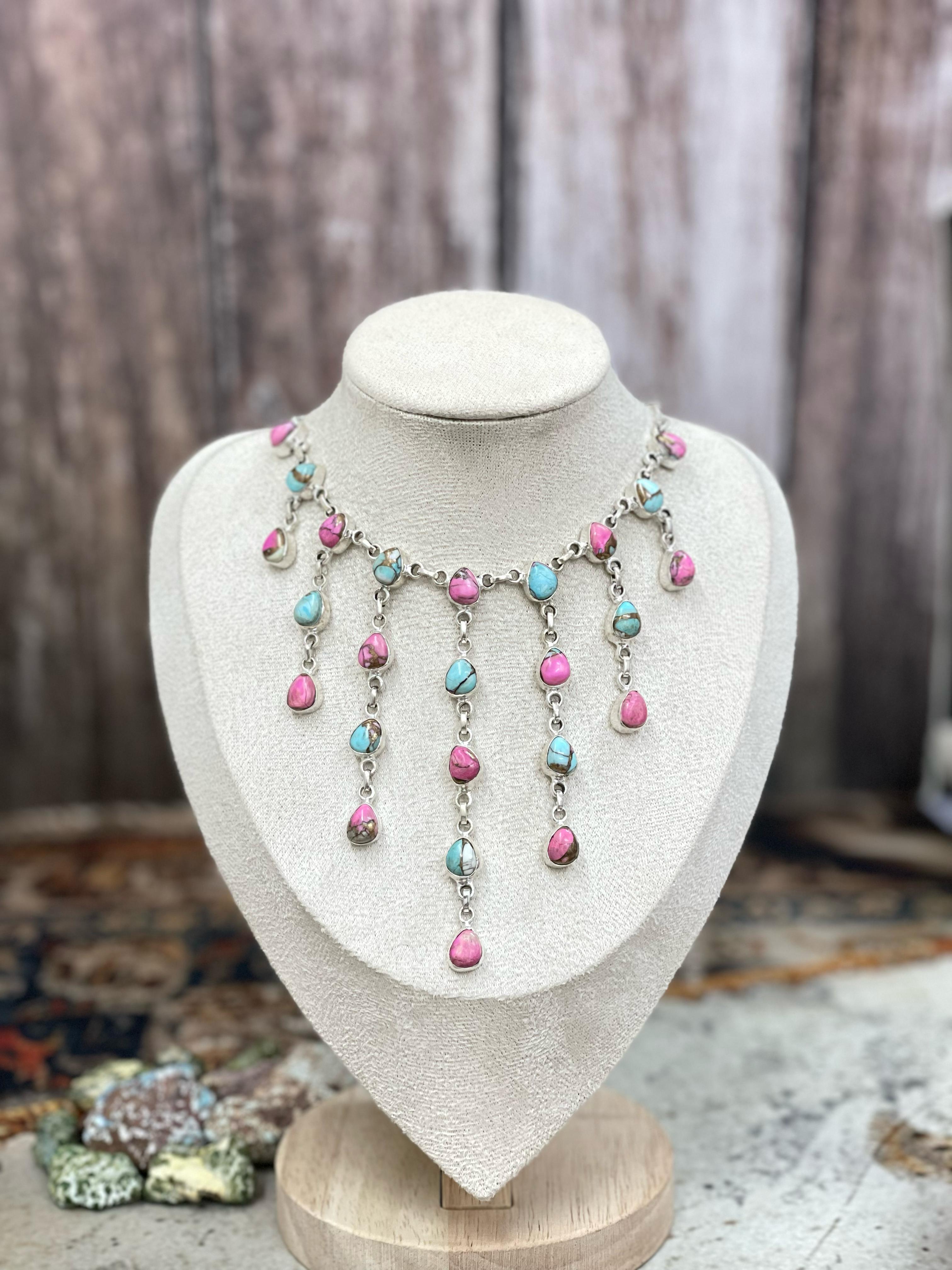 Handmade Sterling Silver Cotton Candy Drop Turquoise Necklace, Signed Nizhoni