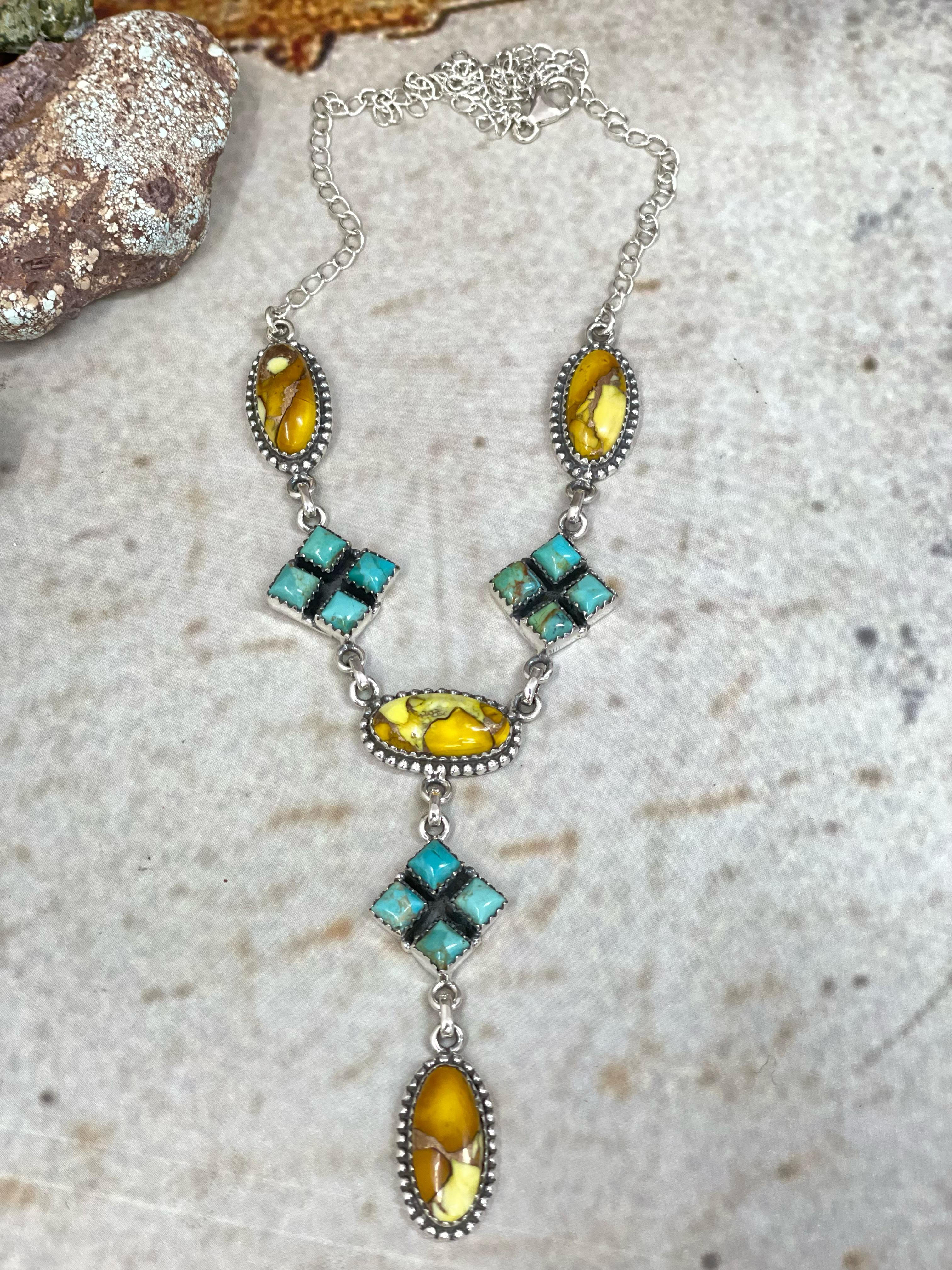 Handmade Sterling Silver Honey Dahlia with Kingman Turquoise Necklace, Signed Nizhoni