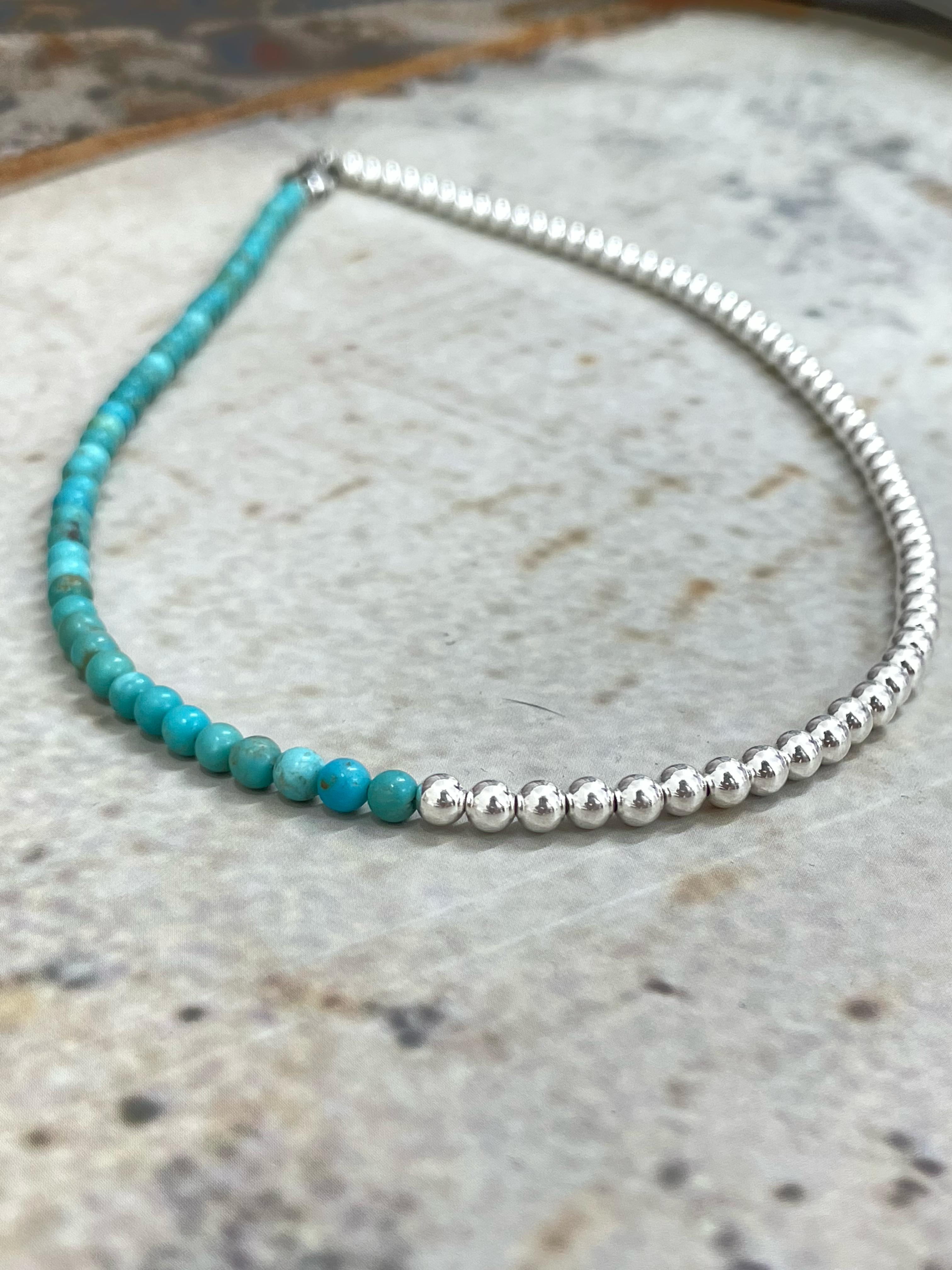 Handmade Sterling Silver Kingman Turquoise 4MM Necklace with Silver Beads, Signed Nizhoni