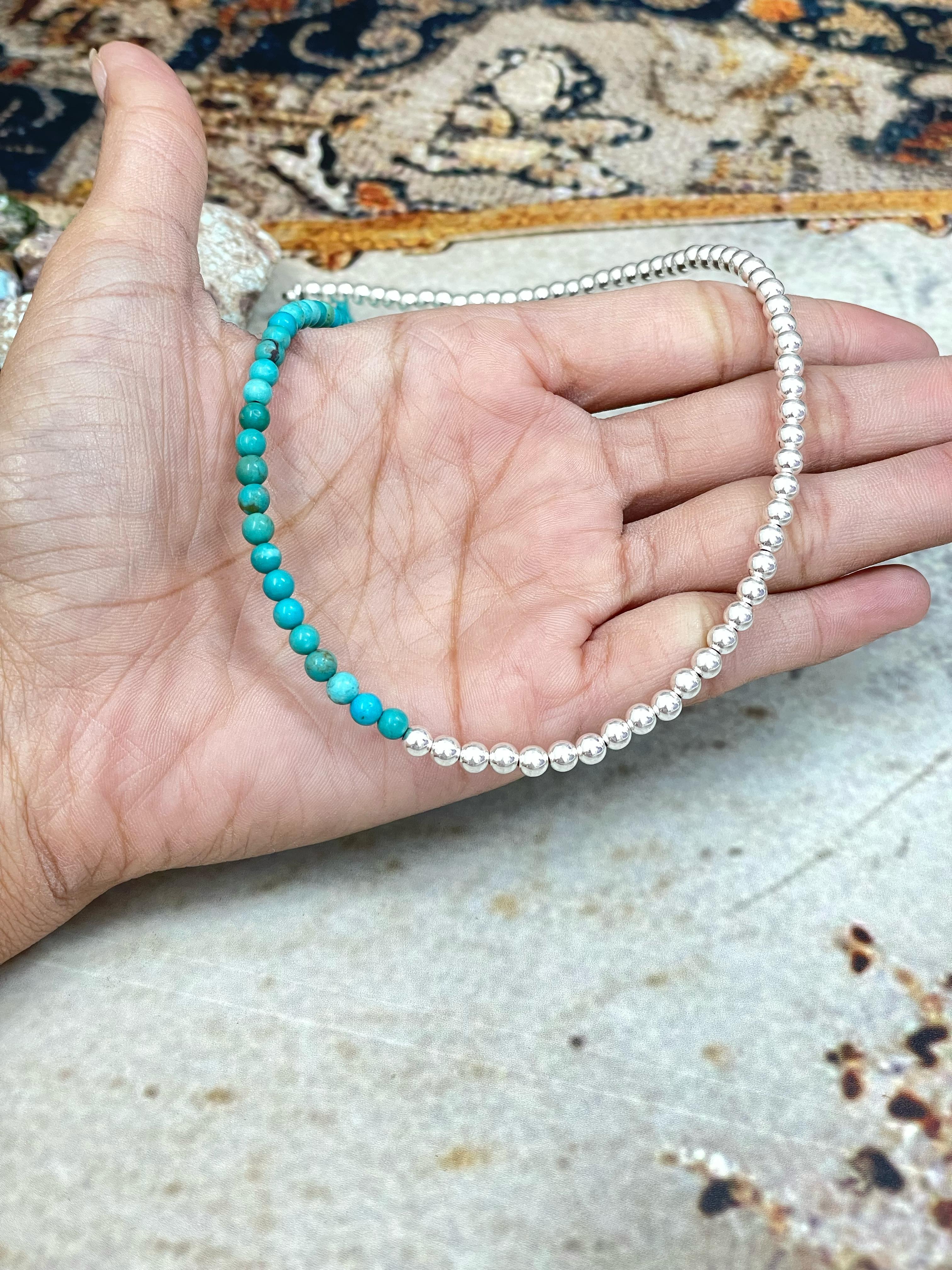 Handmade Sterling Silver Kingman Turquoise 4MM Necklace with Silver Beads, Signed Nizhoni