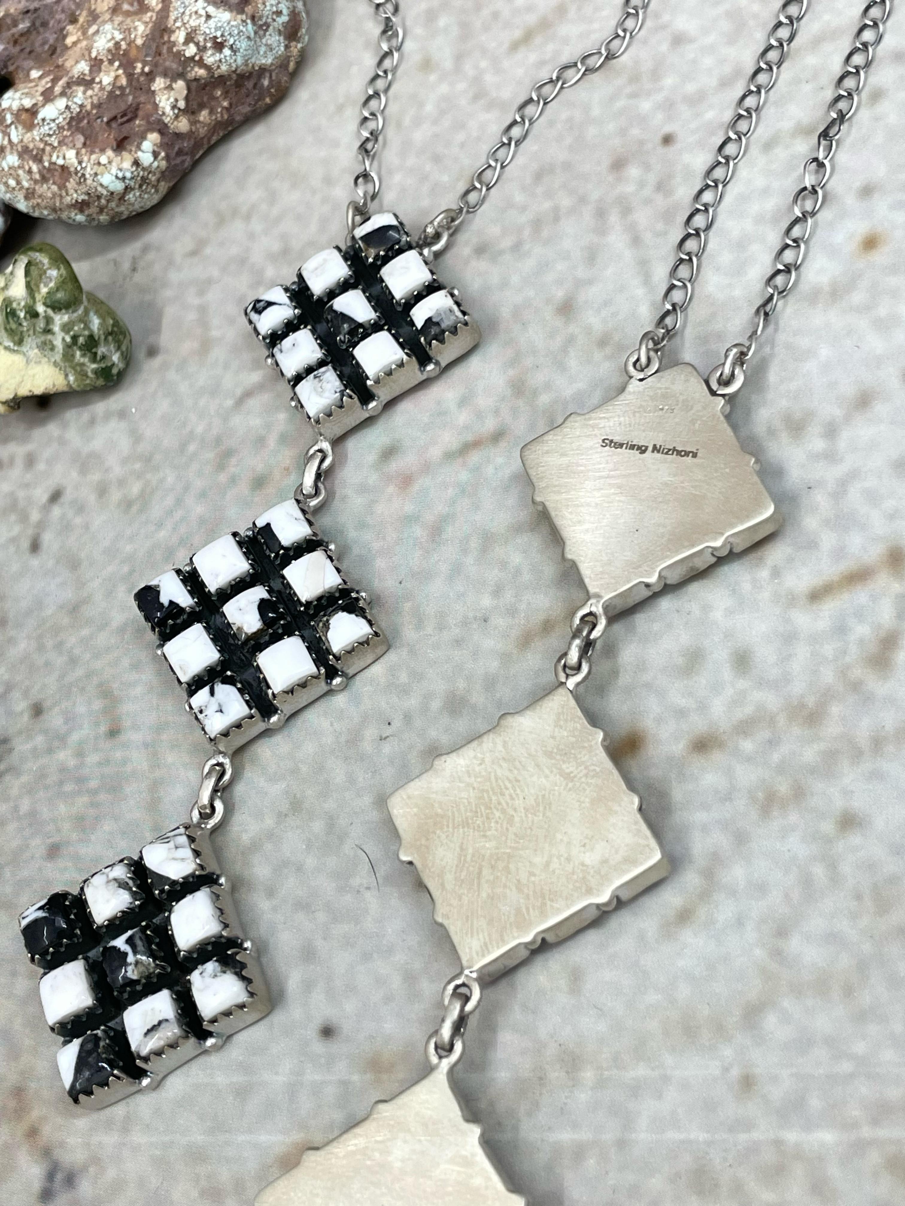 Handmade Sterling Dahlia Rose, White Buffalo Necklace with Signed Nizhoni