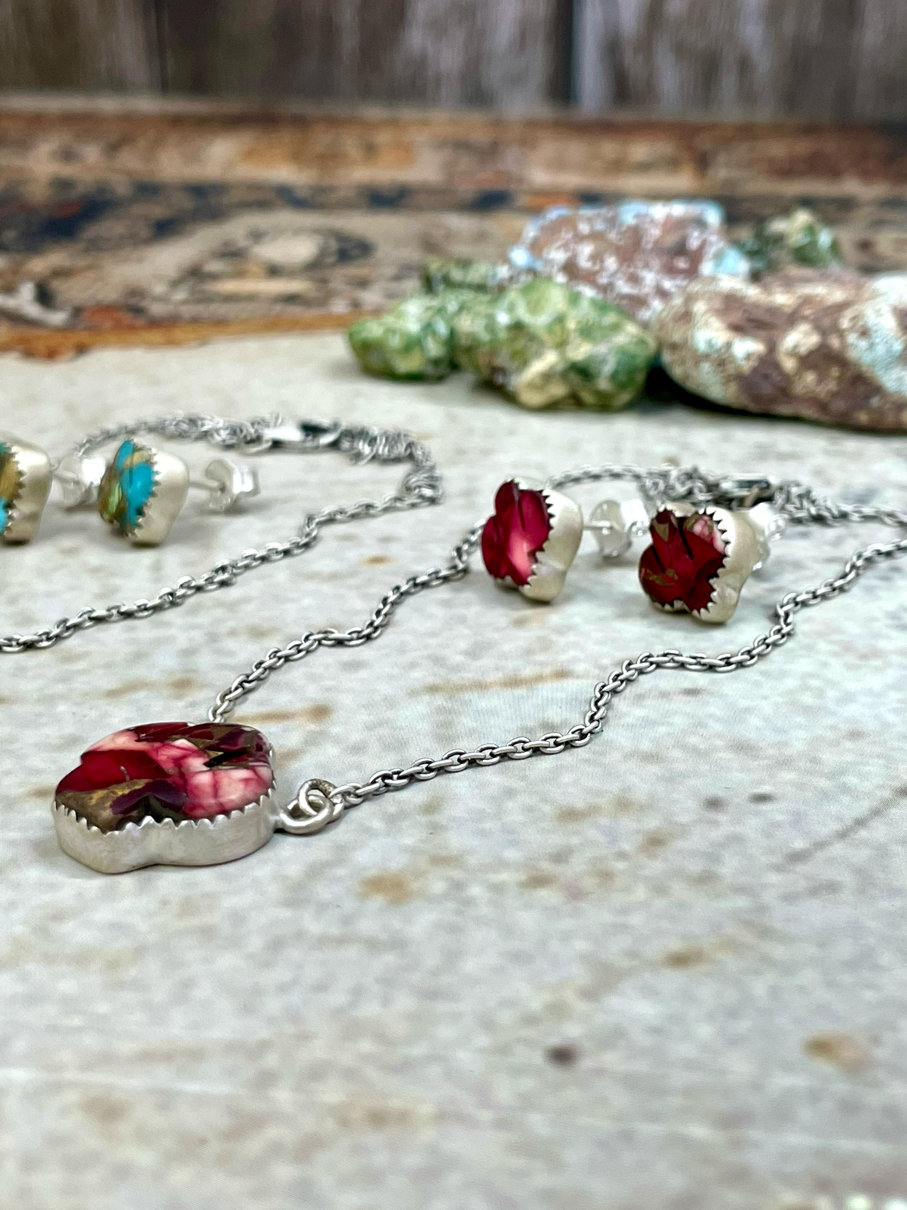 Handmade Sterling Silver Dahlia Rose, Royston Turquoise Necklace Post Earring Set with Signed Nizhoni