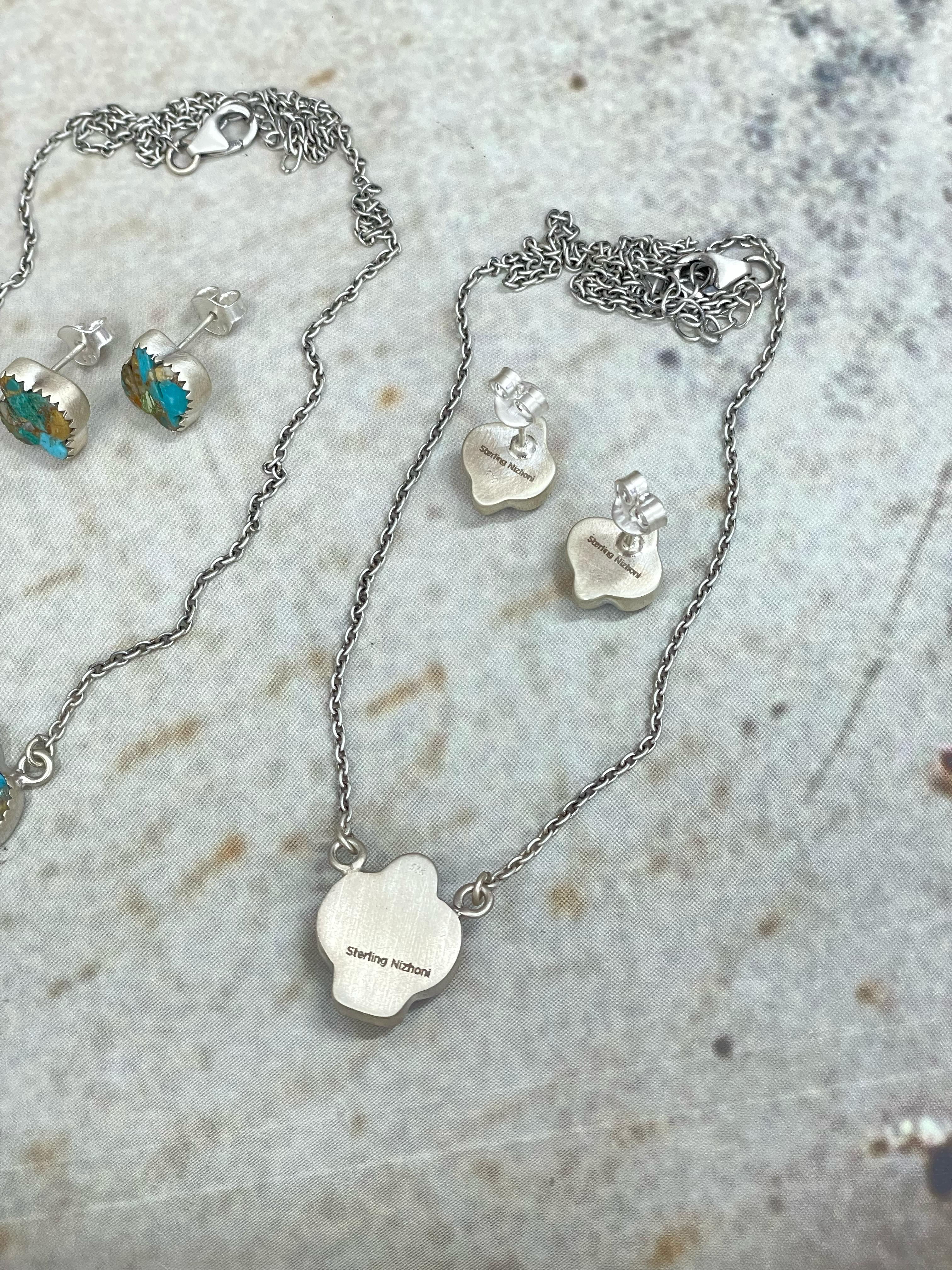Handmade Sterling Silver Dahlia Rose, Royston Turquoise Necklace Post Earring Set with Signed Nizhoni