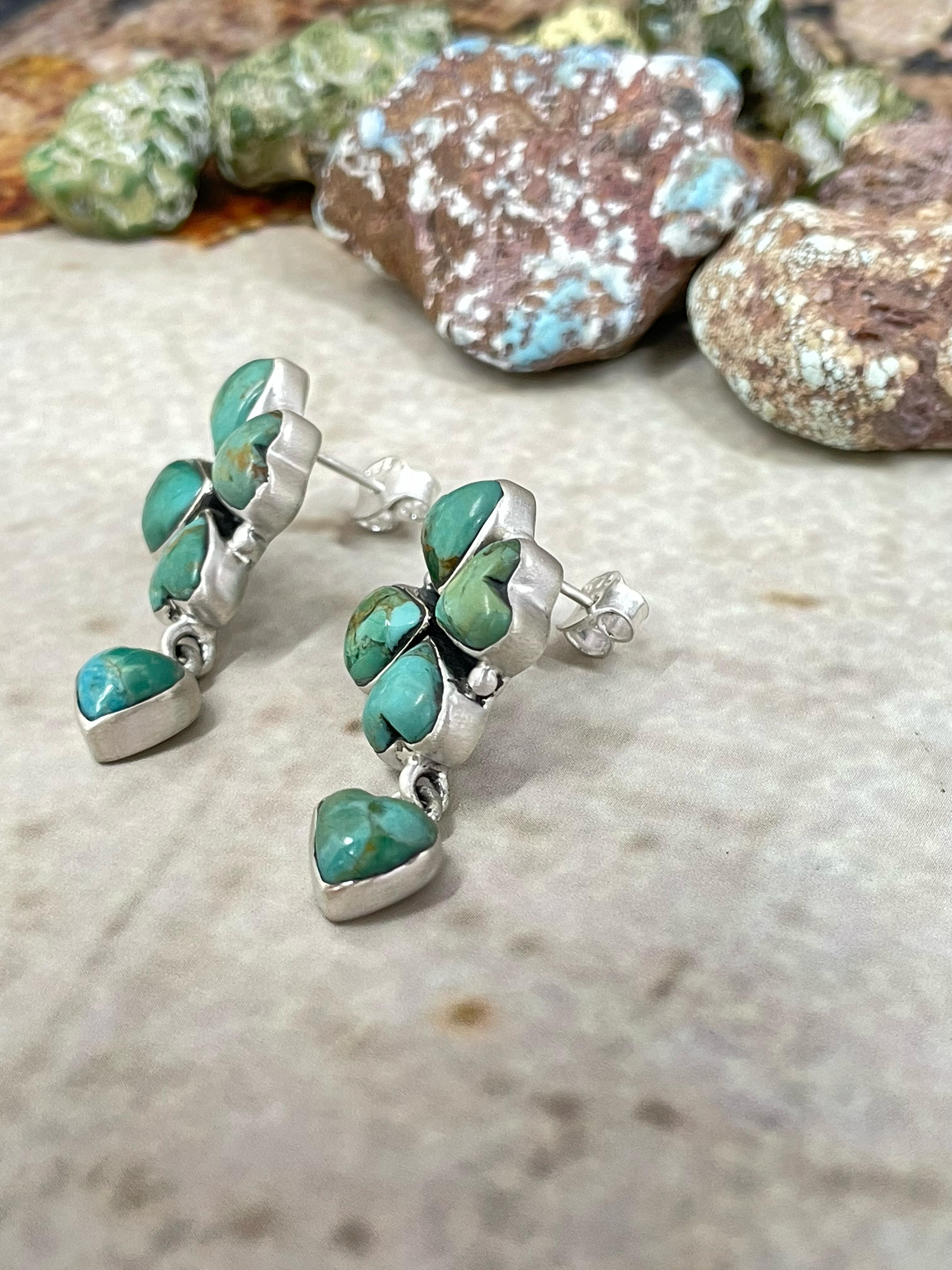 Handmade Sterling Silver Kingman Turquoise Dangle Earrings with Signed Nizhoni