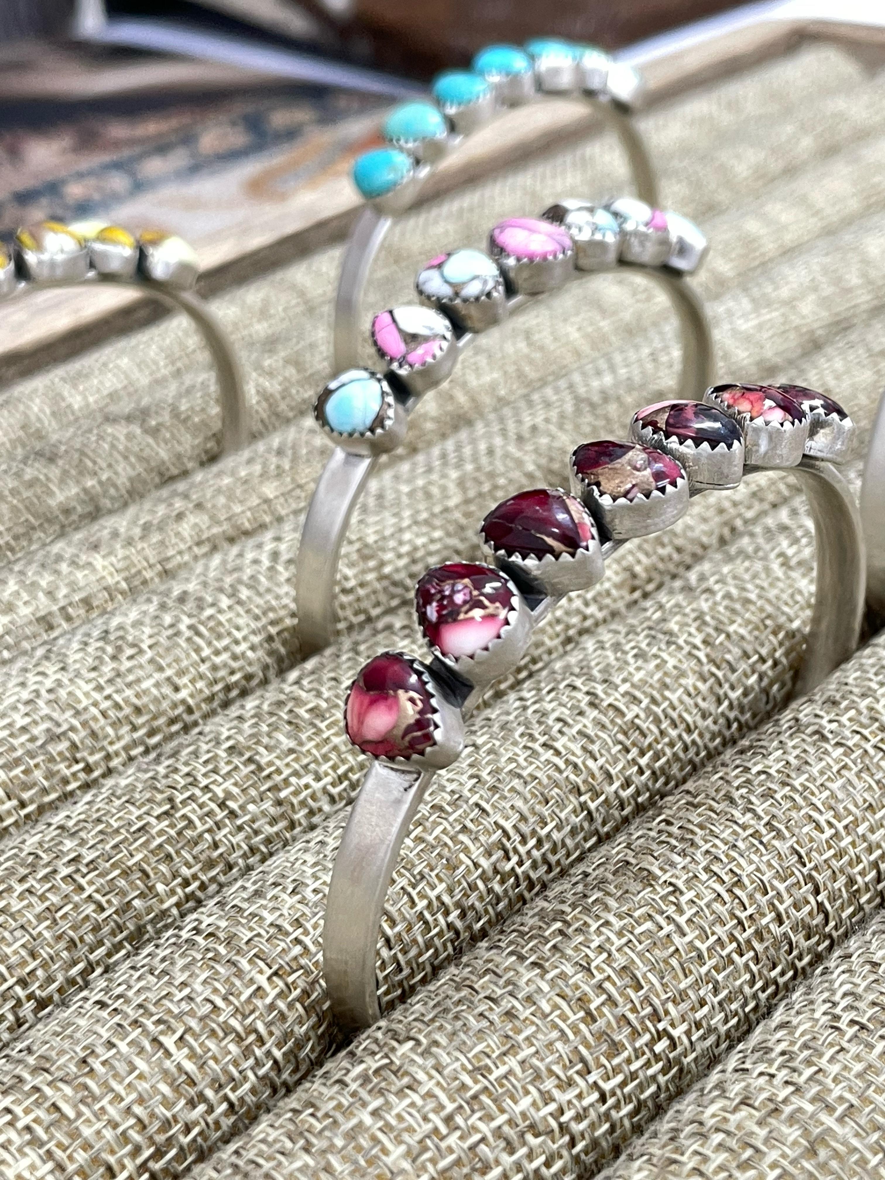 Handmade Sterling Silver Dahlia Rose, Honey Dahlia, Kingman Turquoise, Wild Horse, Cotton Candy Turquoise Cuff Bracelet with Signed Nizhoni