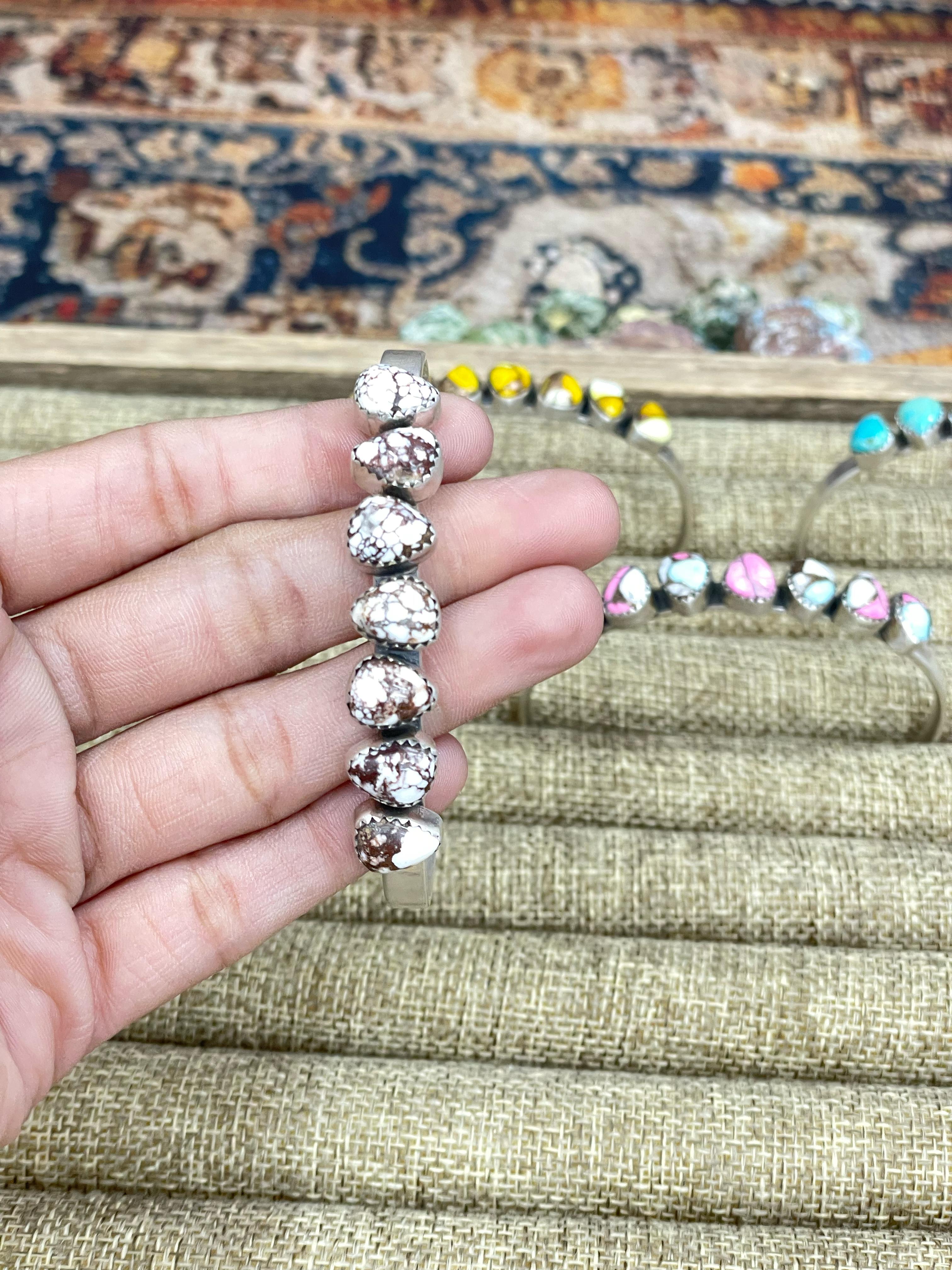 Handmade Sterling Silver Dahlia Rose, Honey Dahlia, Kingman Turquoise, Wild Horse, Cotton Candy Turquoise Cuff Bracelet with Signed Nizhoni