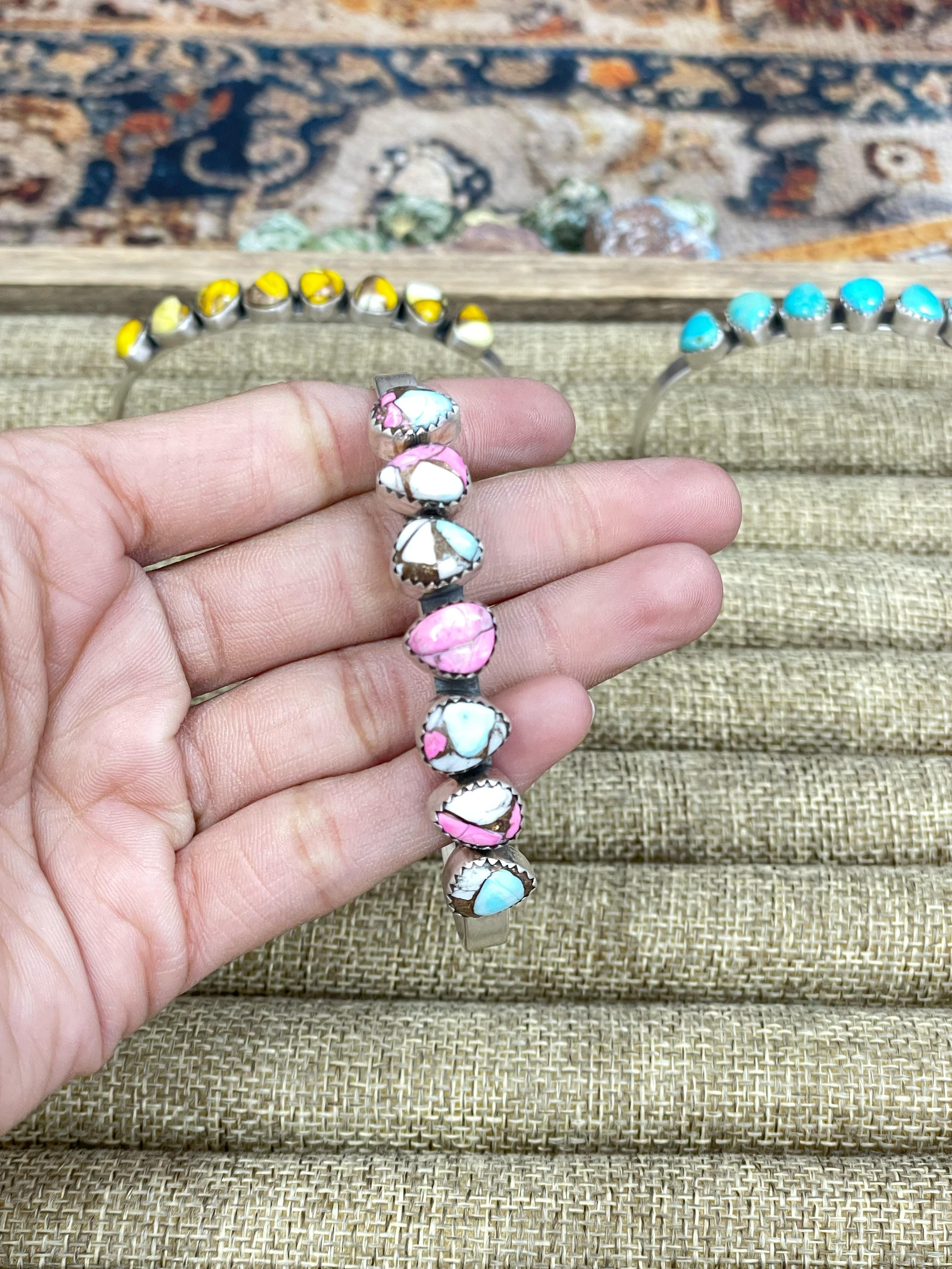 Handmade Sterling Silver Dahlia Rose, Honey Dahlia, Kingman Turquoise, Wild Horse, Cotton Candy Turquoise Cuff Bracelet with Signed Nizhoni