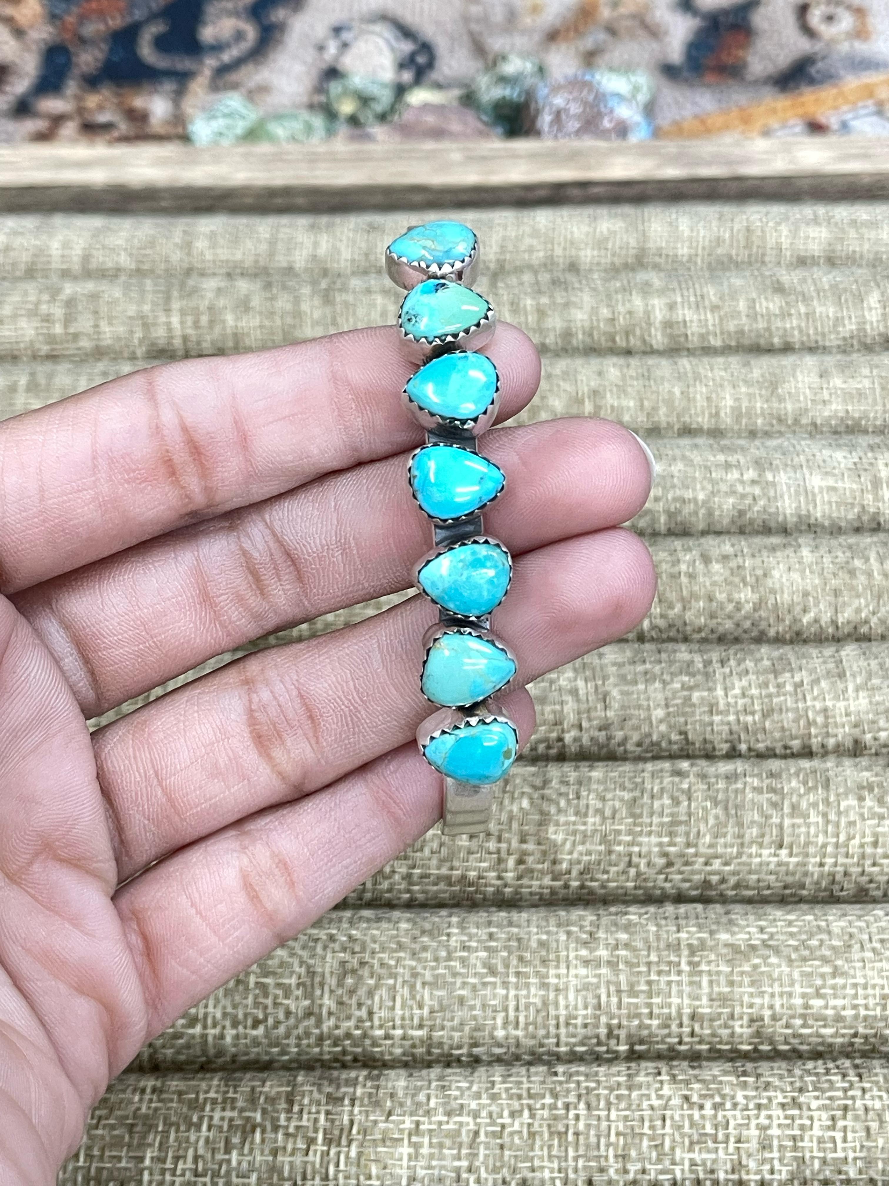 Handmade Sterling Silver Dahlia Rose, Honey Dahlia, Kingman Turquoise, Wild Horse, Cotton Candy Turquoise Cuff Bracelet with Signed Nizhoni