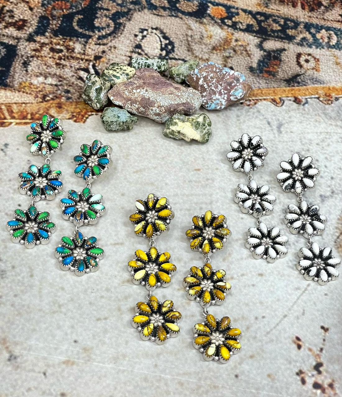 Handmade Flower Dream Sterling Silver Peacock Dahlia, Honey Dahlia, White Buffalo Turquoise Flower Earrings with Signed Nizhoni