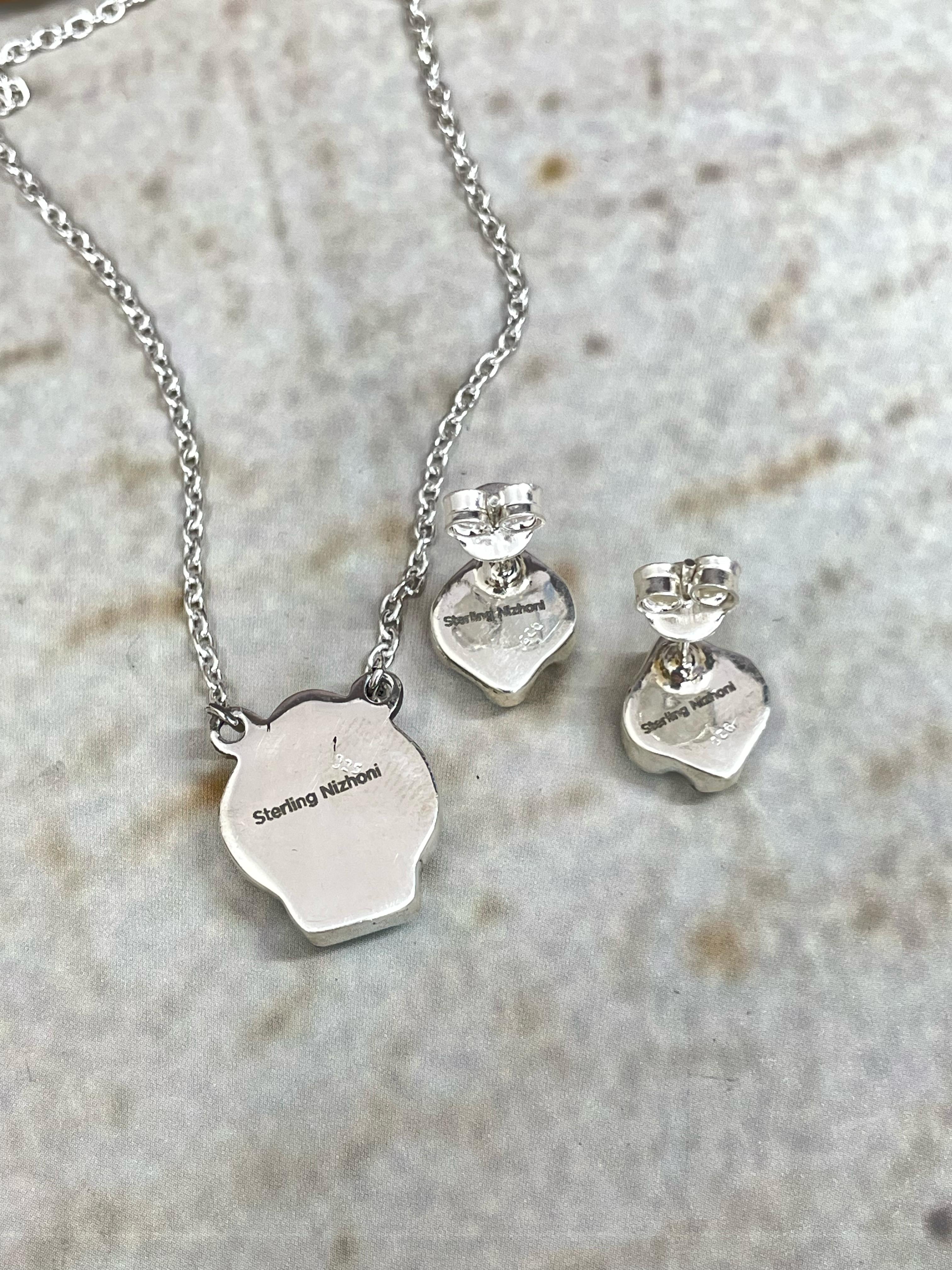 Handmade Sterling Silver Cotton Candy Turquoise Necklace Post Earring Set with Signed Nizhoni