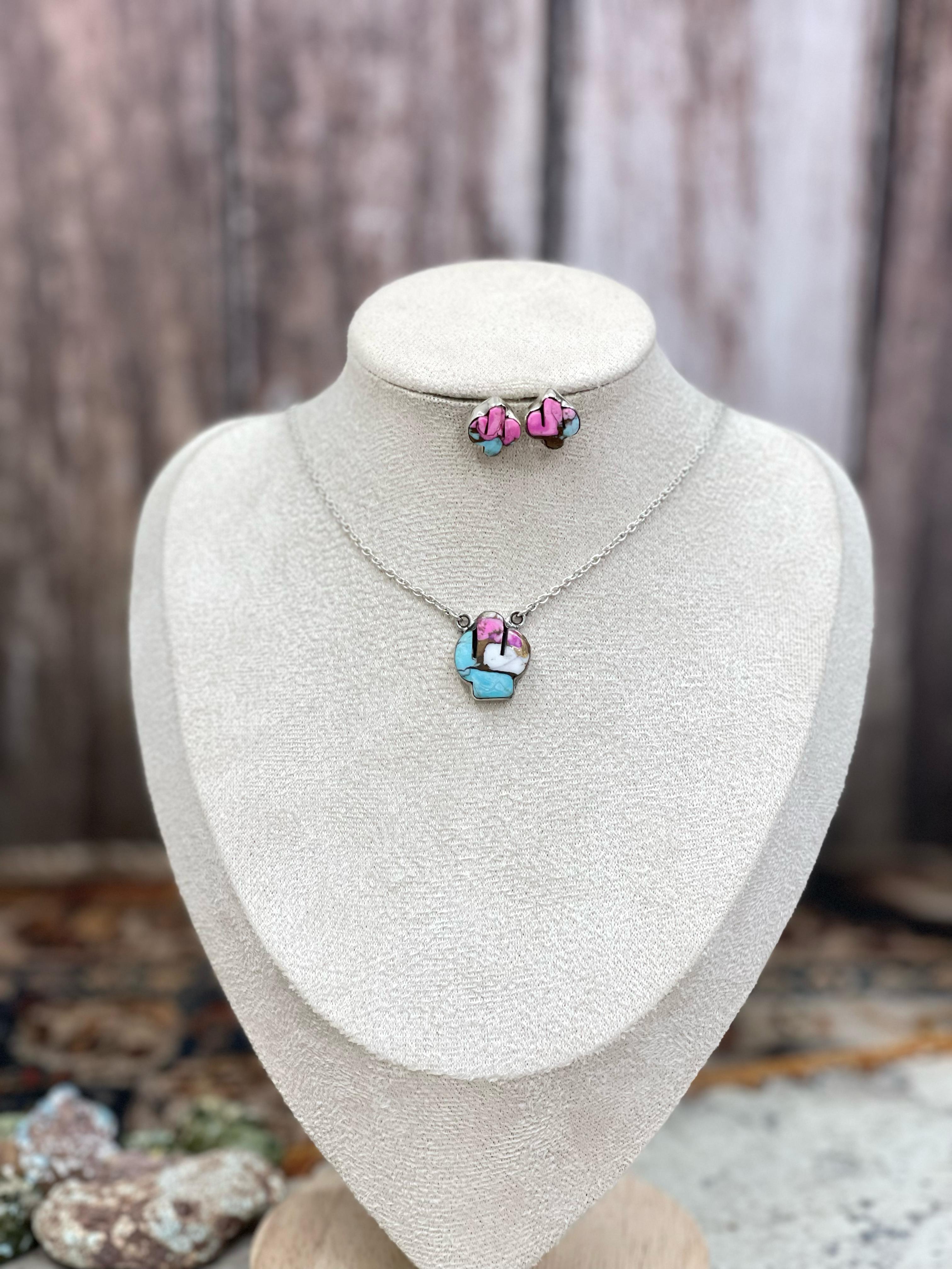 Handmade Sterling Silver Cotton Candy Turquoise Necklace Post Earring Set with Signed Nizhoni