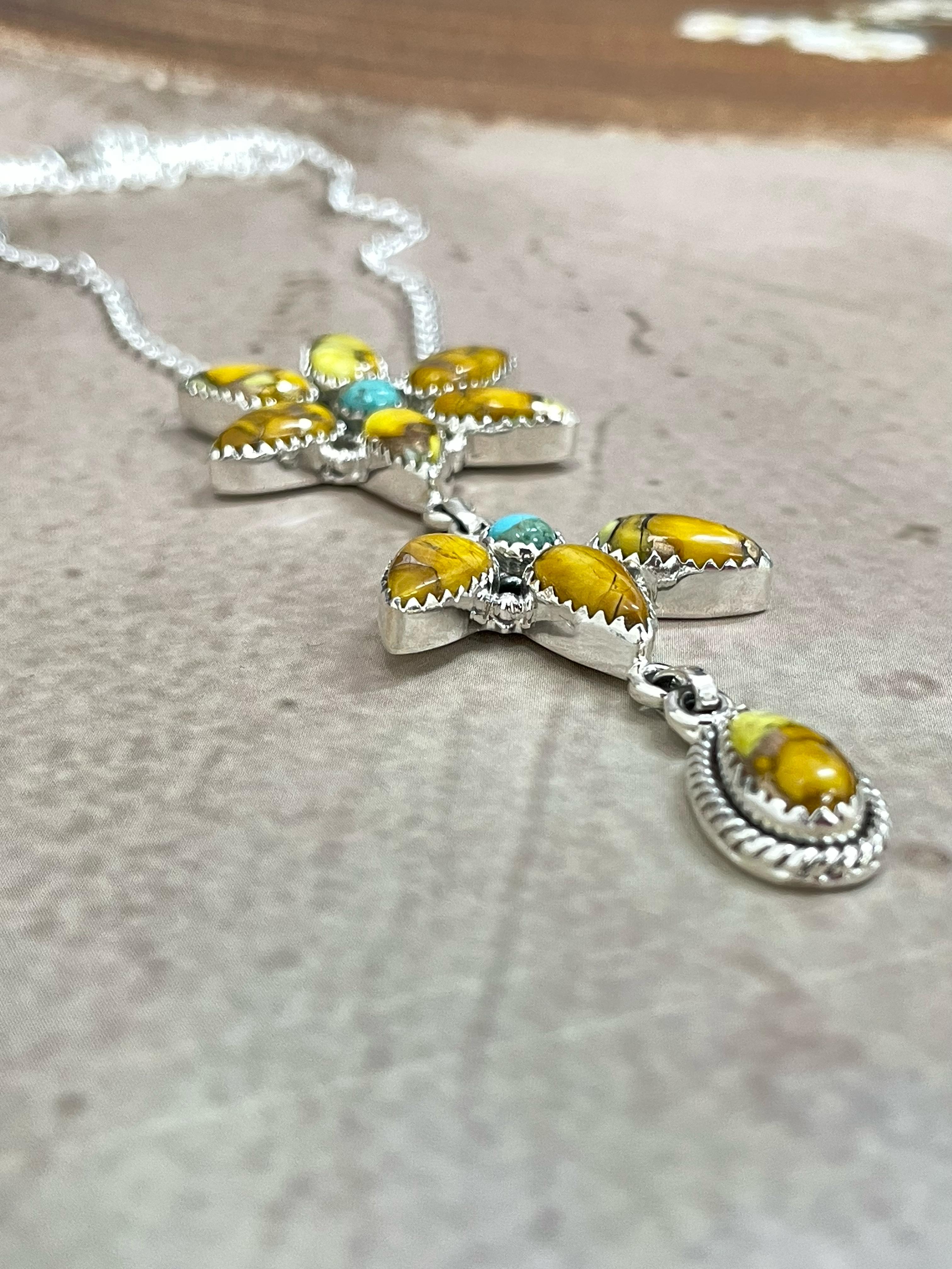 Handmade Sterling Silver Honey Dahlia with Kingman Turquoise Necklace, Signed Nizhoni