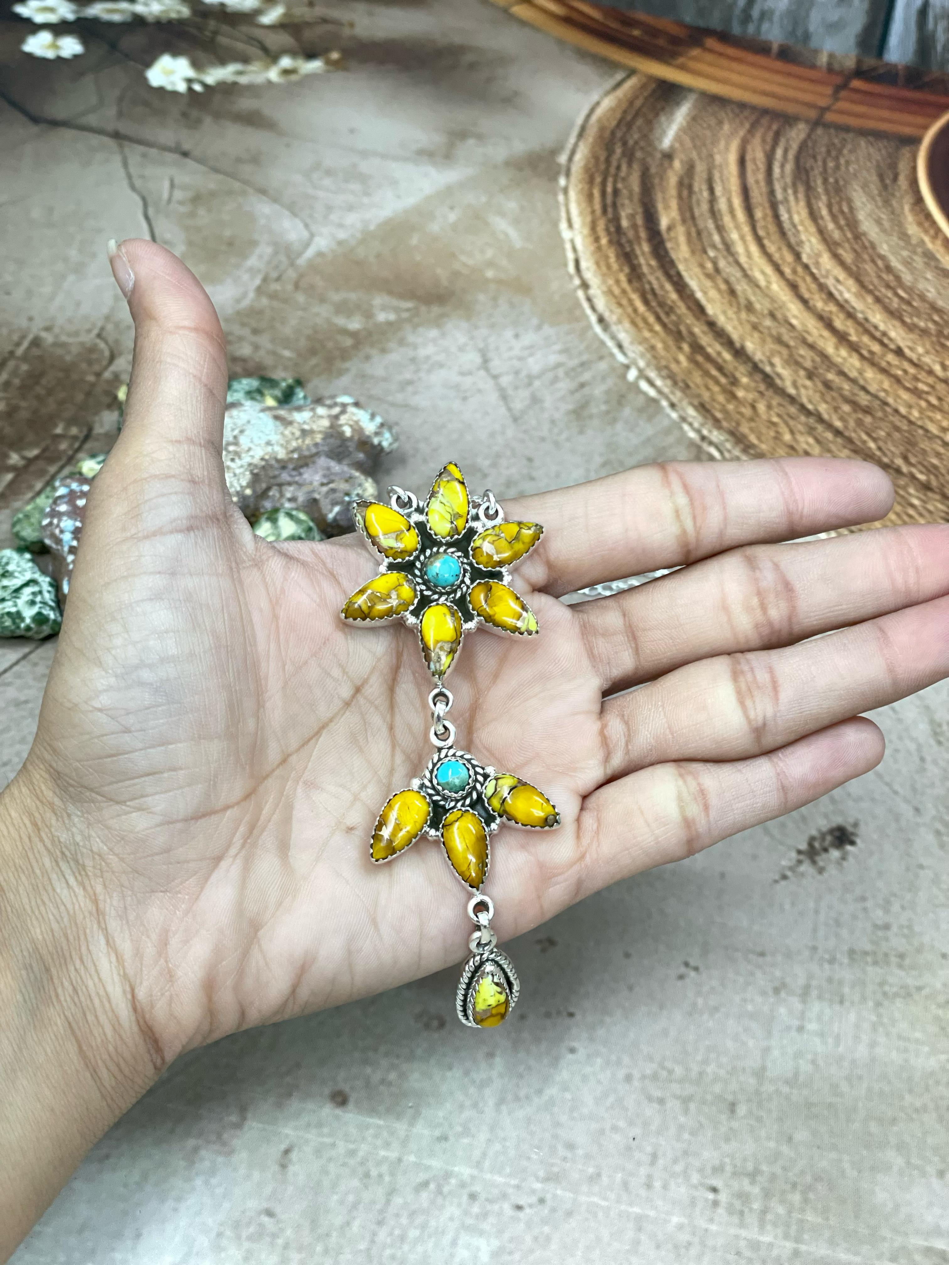 Handmade Sterling Silver Honey Dahlia with Kingman Turquoise Necklace, Signed Nizhoni