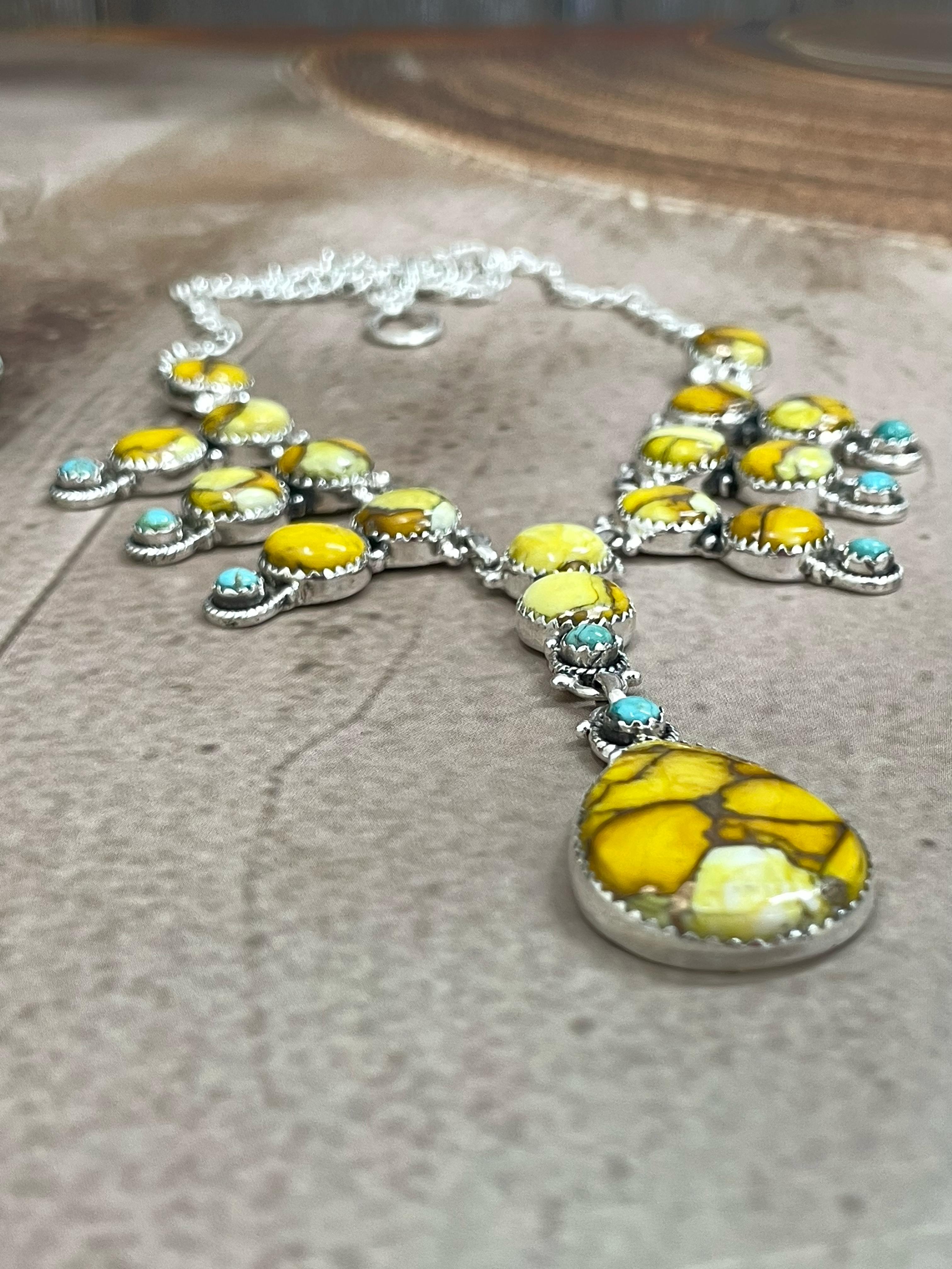 Handmade Sterling Silver Honey Dahlia with Kingman Turquoise Necklace, Signed Nizhoni