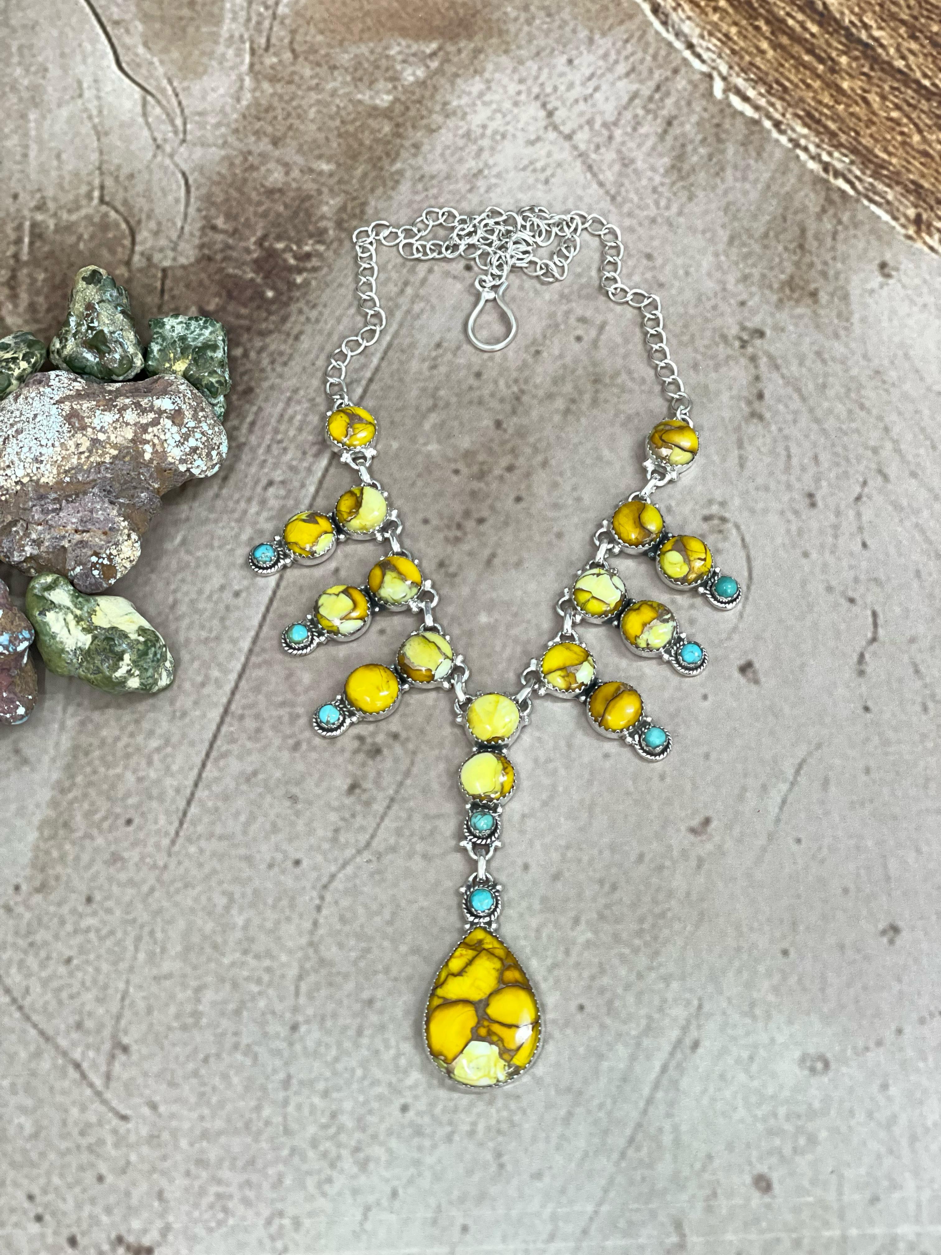 Handmade Sterling Silver Honey Dahlia with Kingman Turquoise Necklace, Signed Nizhoni