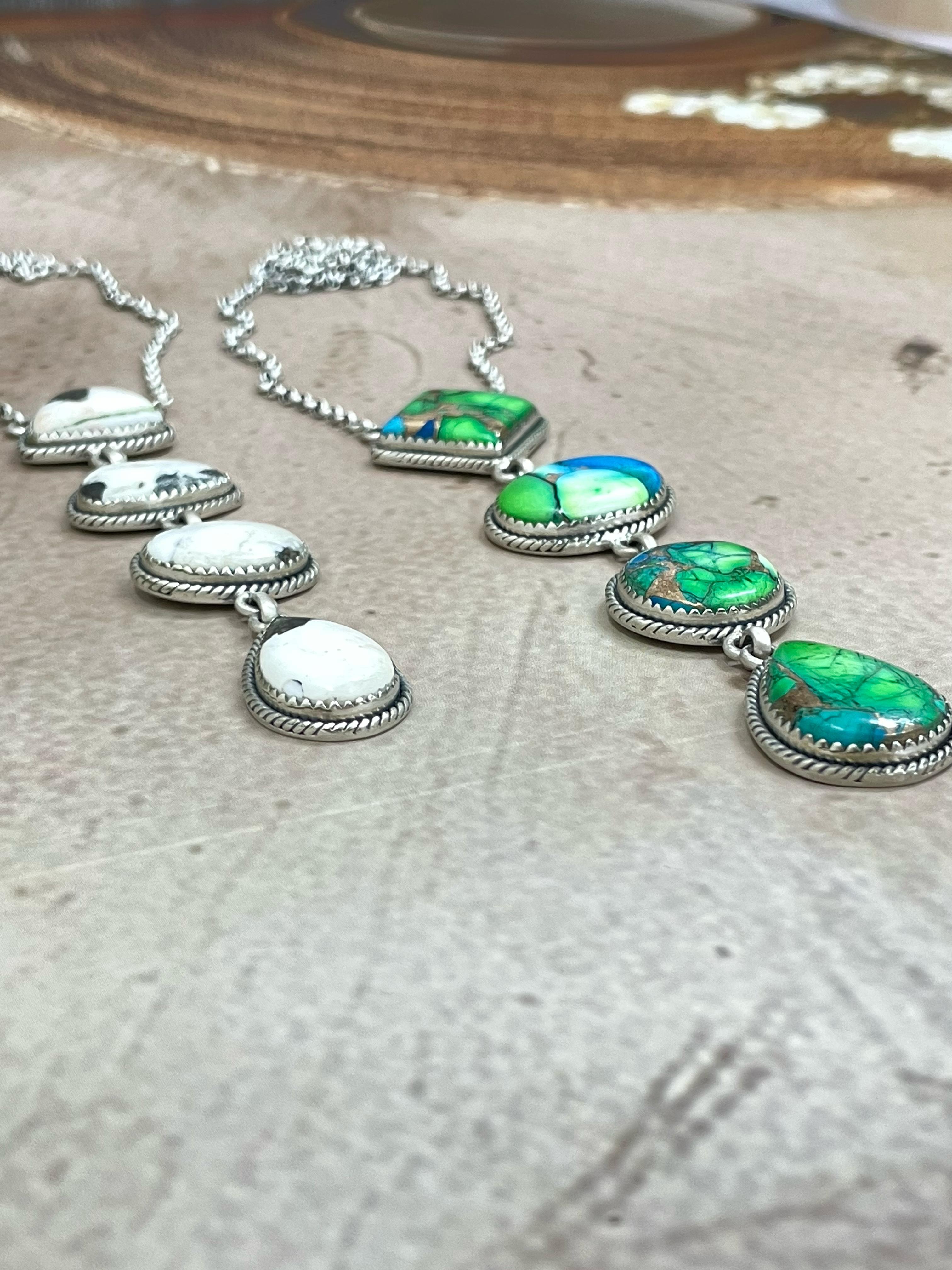 Handmade Sterling Silver Peacock Dahlia, White Buffalo Turquoise Necklace with Signed Nizhoni