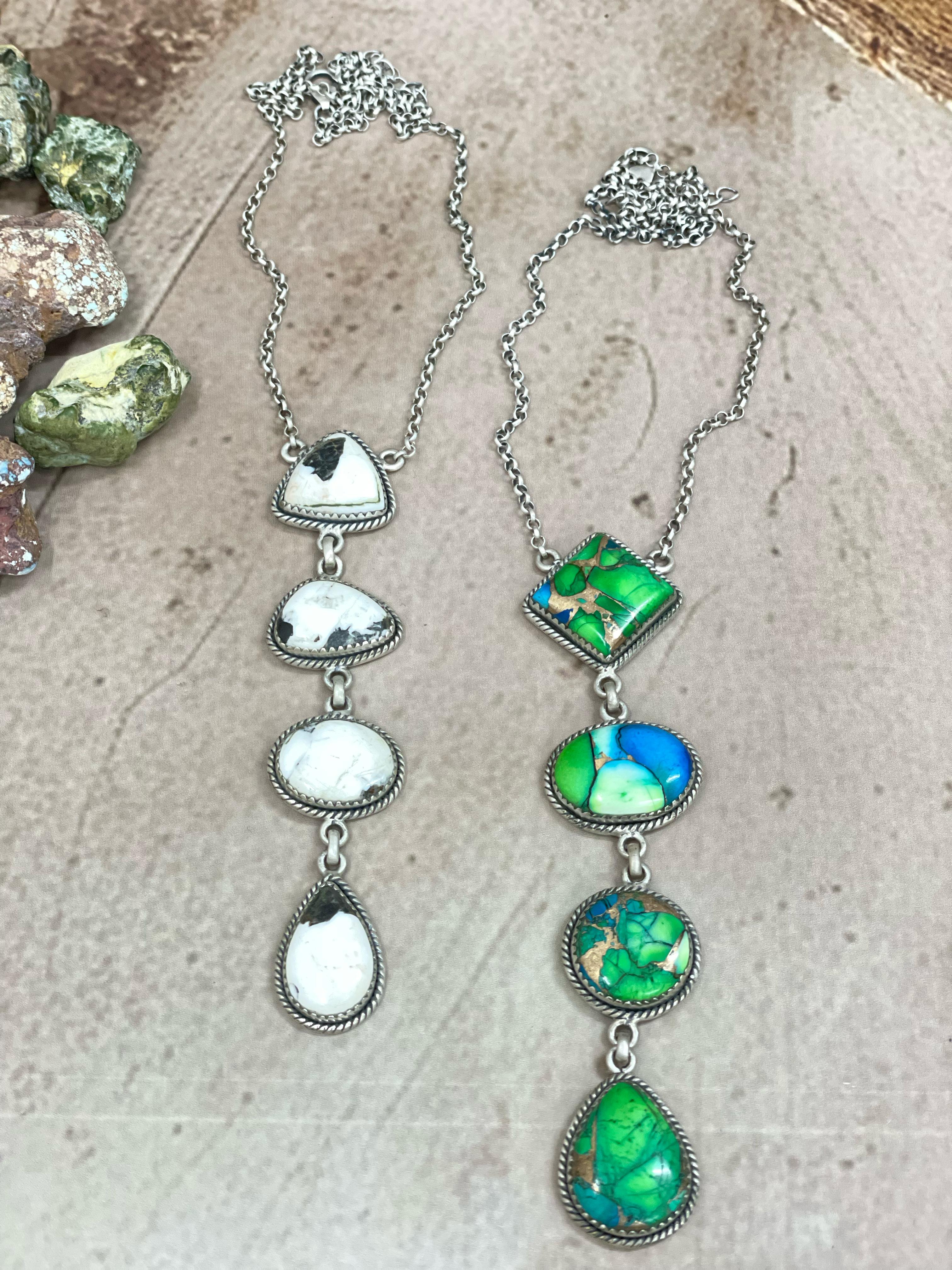 Handmade Sterling Silver Peacock Dahlia, White Buffalo Turquoise Necklace with Signed Nizhoni