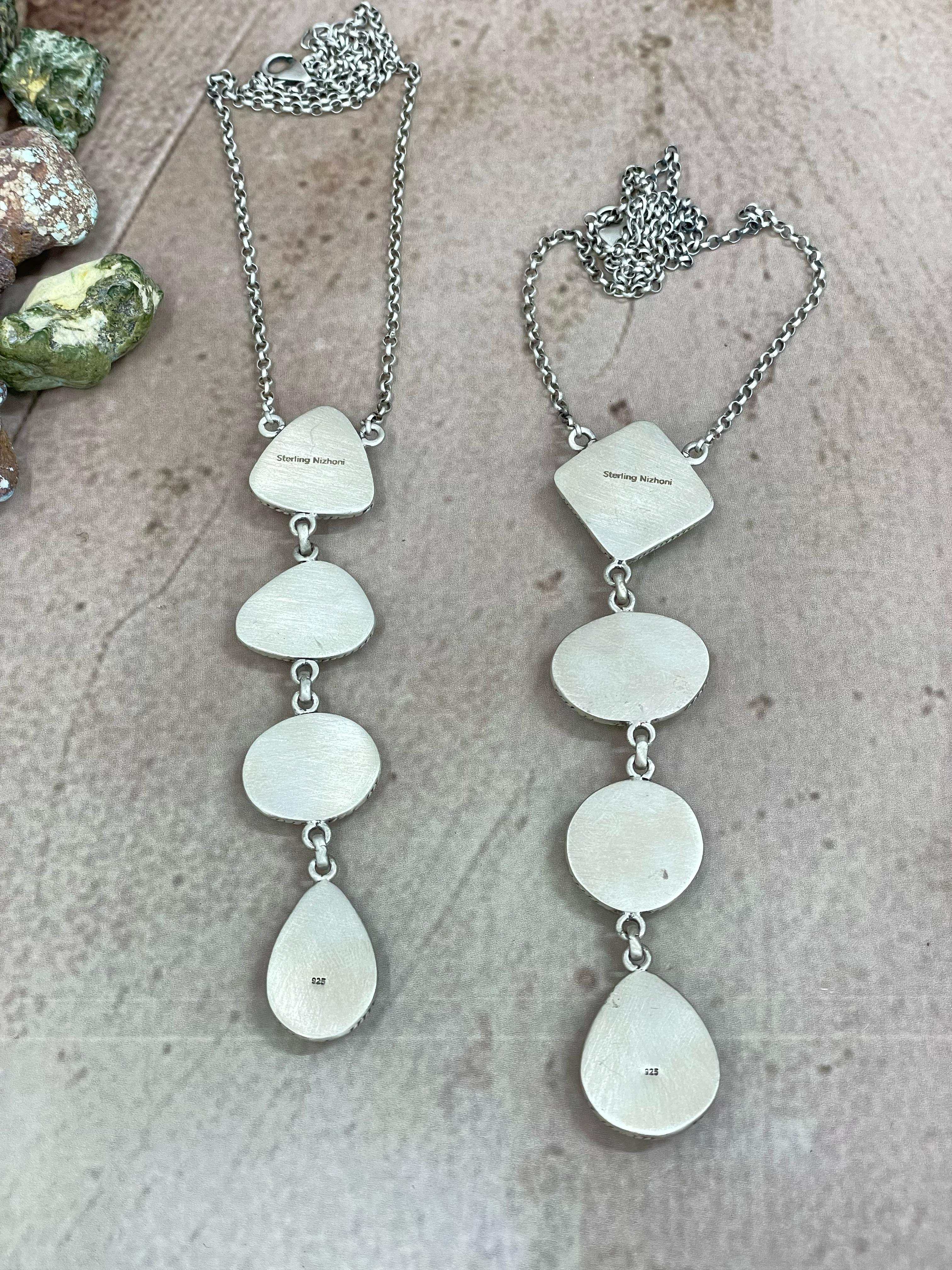 Handmade Sterling Silver Peacock Dahlia, White Buffalo Turquoise Necklace with Signed Nizhoni