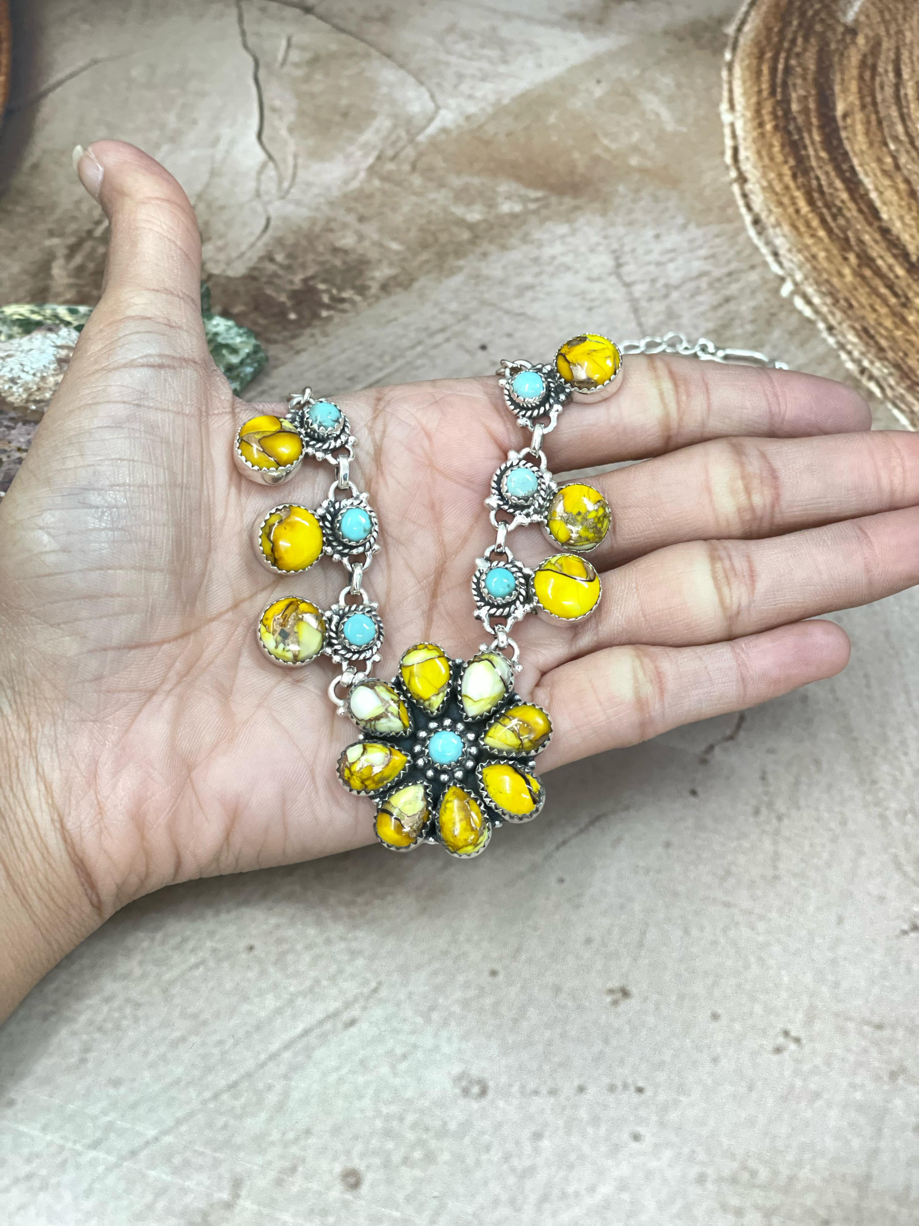 Handmade Sterling Silver Honey Dahlia with Kingman Turquoise Necklace with Signed Nizhoni