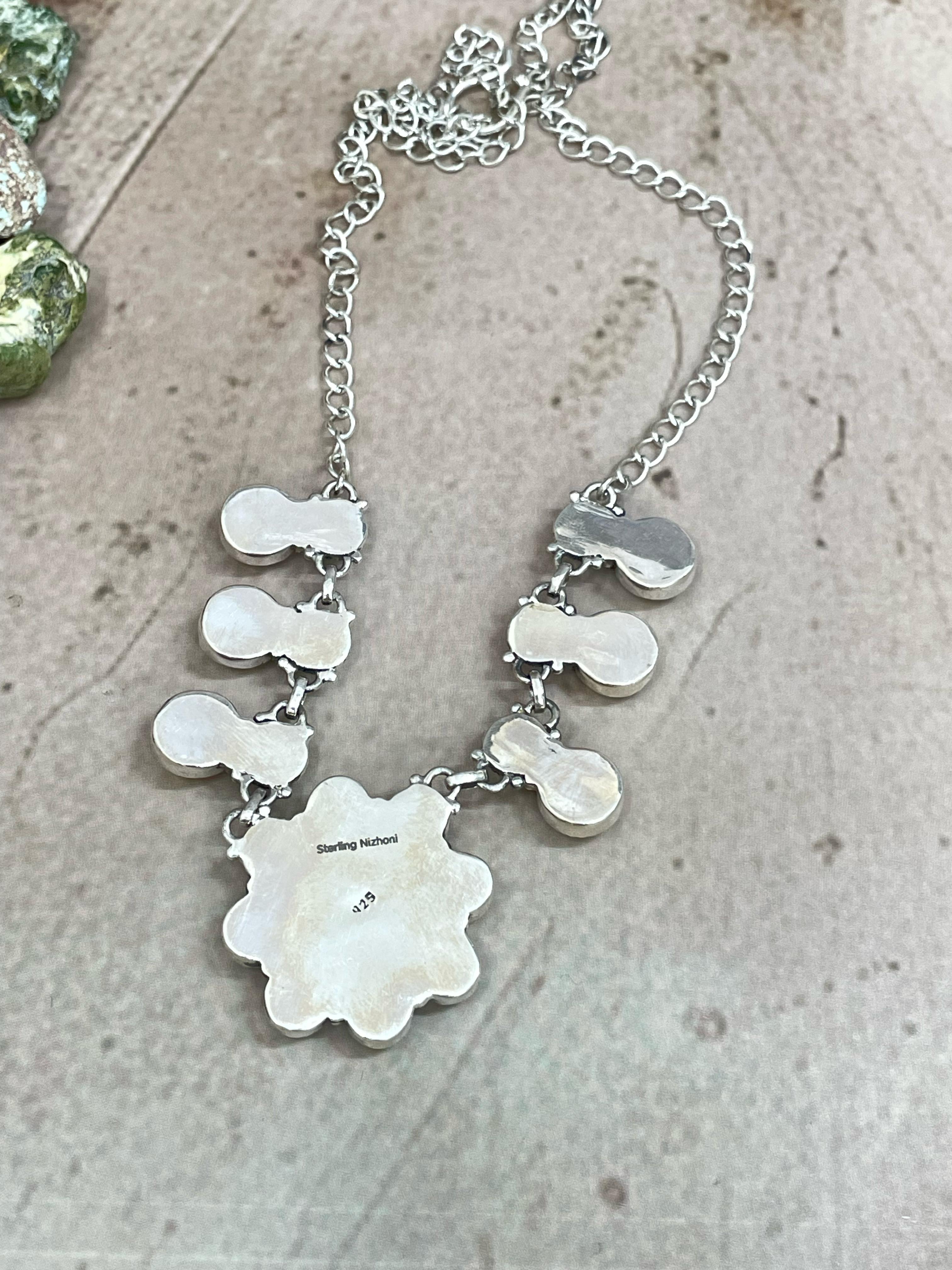 Handmade Sterling Silver Honey Dahlia with Kingman Turquoise Necklace with Signed Nizhoni