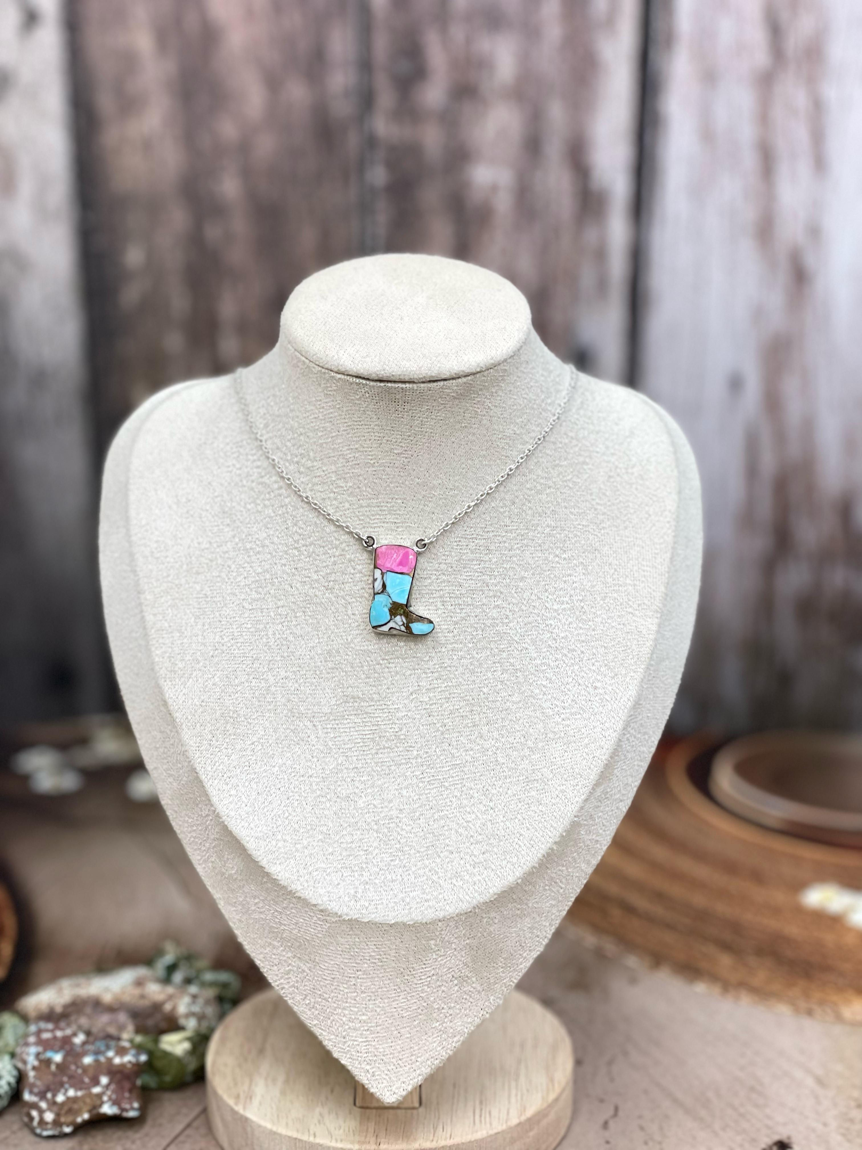 Handmade Sterling Silver Cotton Candy Turquoise Shoe Necklace with Signed Nizhoni