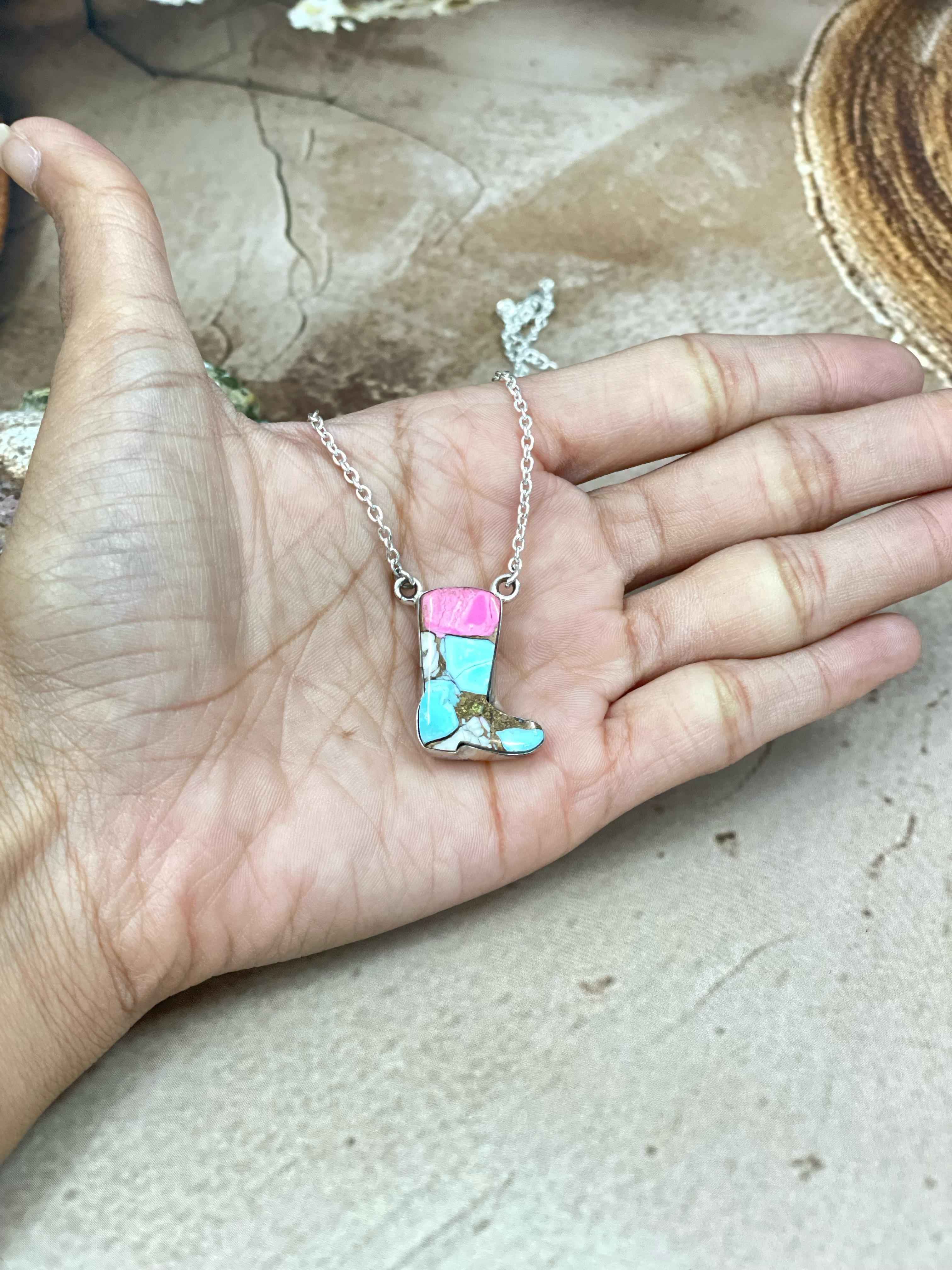 Handmade Sterling Silver Cotton Candy Turquoise Shoe Necklace with Signed Nizhoni