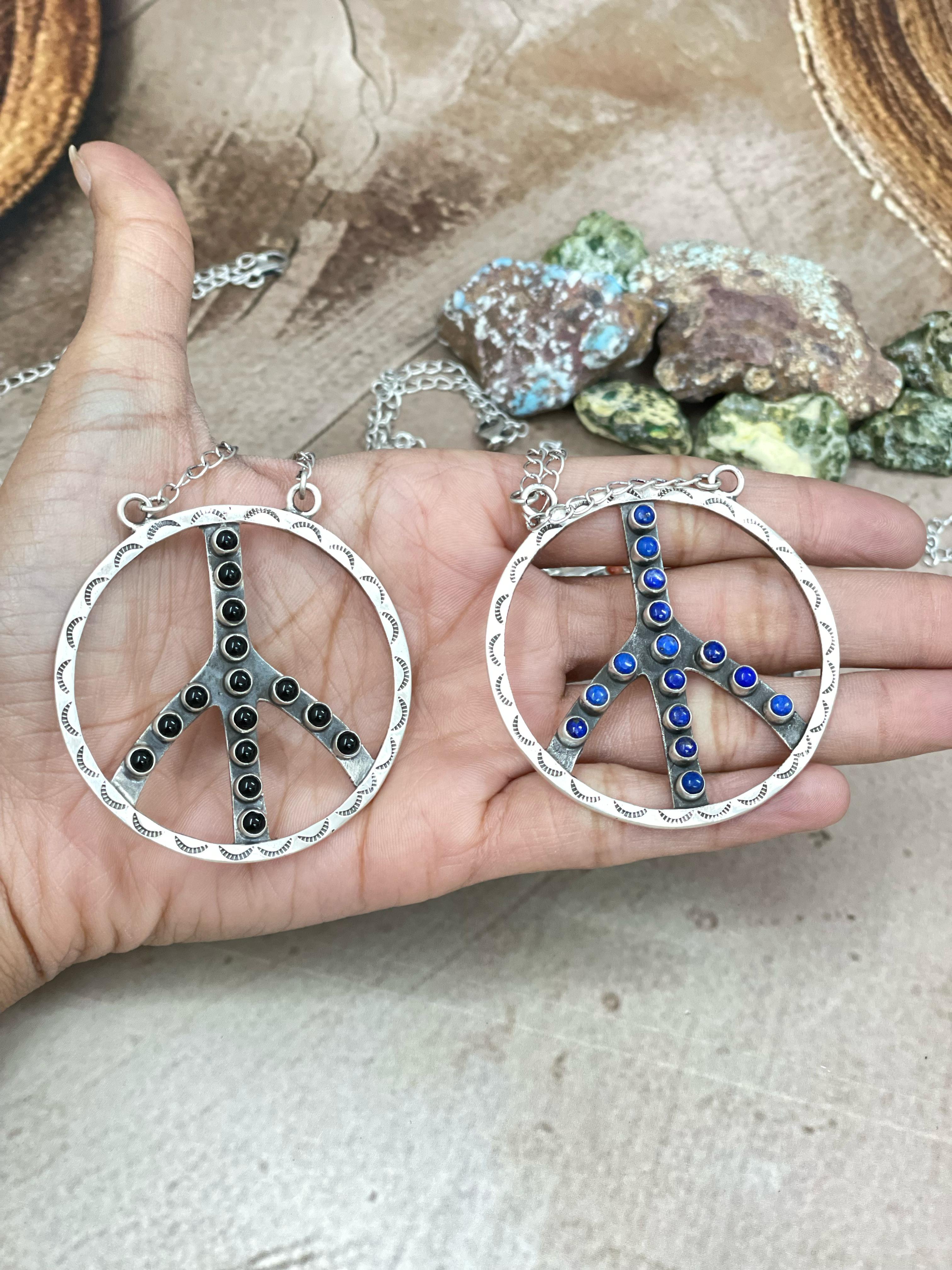 Handmade Sterling Silver Multi Stone Peace Hoop Necklace with Signed Nizhoni