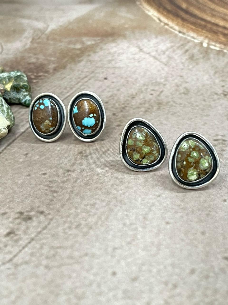 Handmade Sterling Silver Number 8 Turquoise Post Earrings with Signed Nizhoni