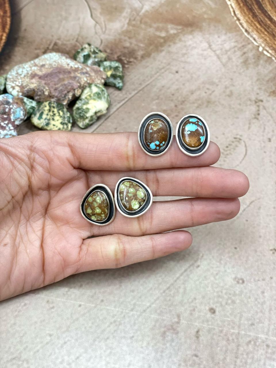 Handmade Sterling Silver Number 8 Turquoise Post Earrings with Signed Nizhoni