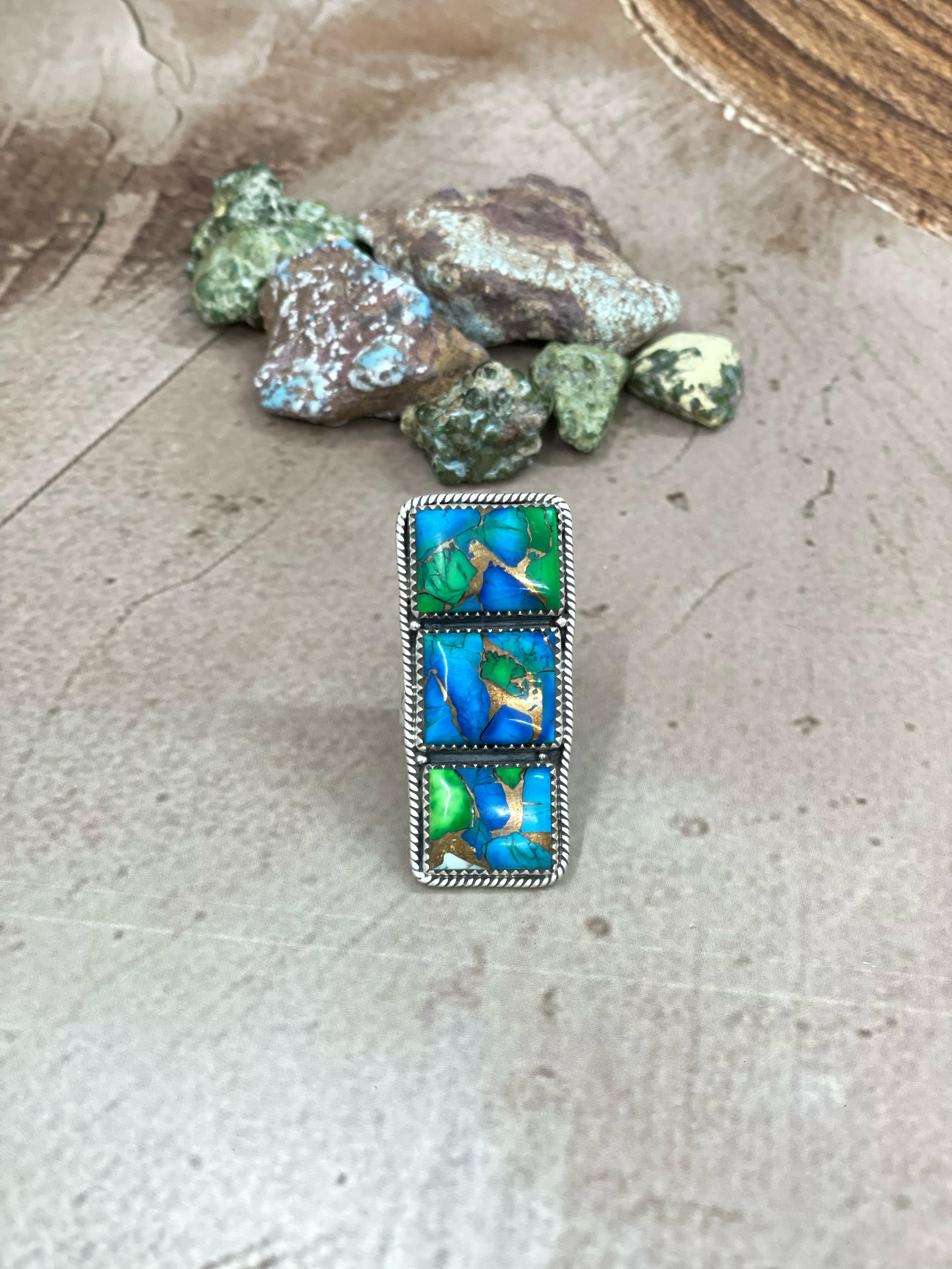 Handmade Sterling Silver Peacock Dahlia Adjustable Ring with Signed Nizhoni