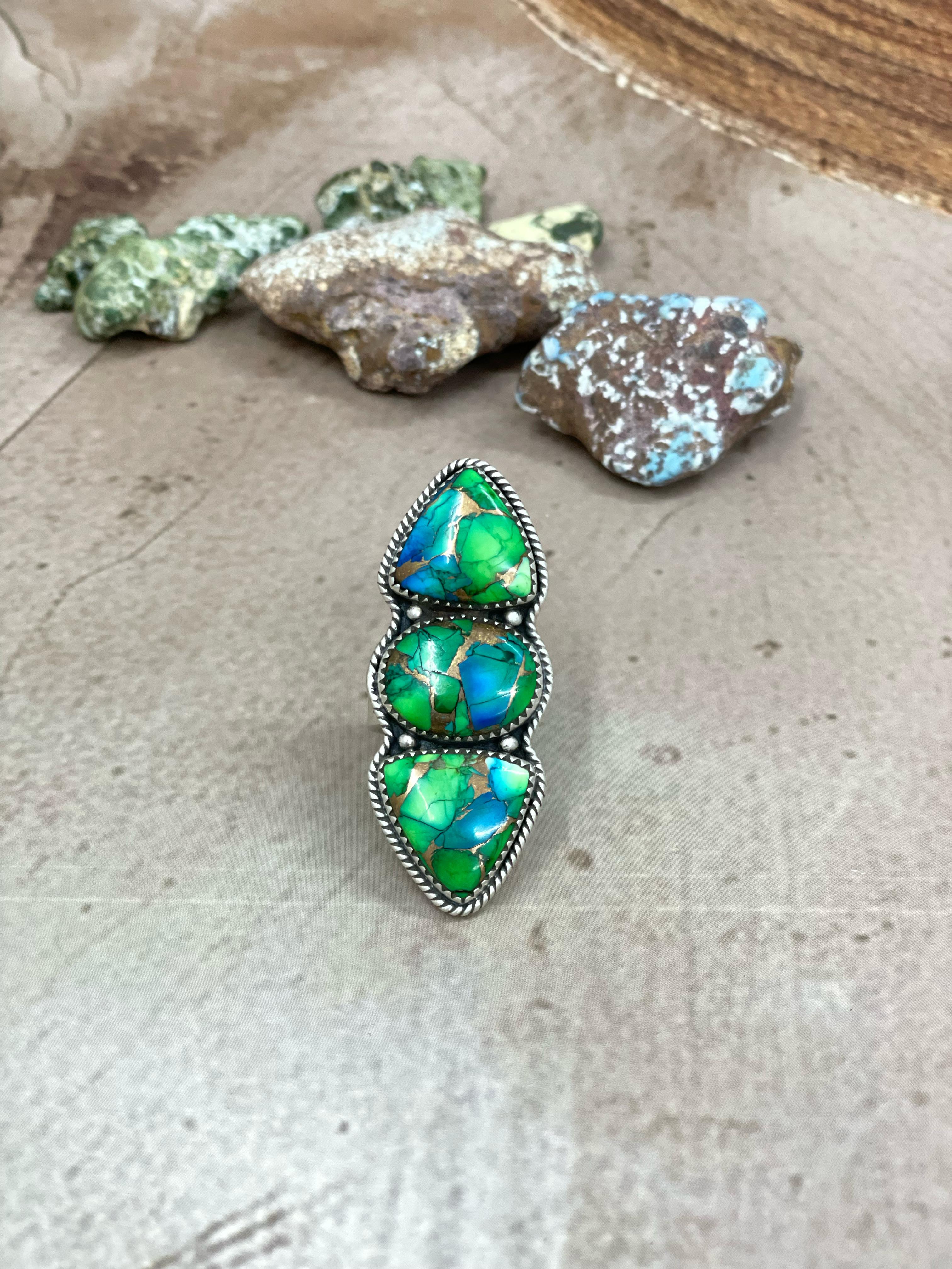 Handmade Sterling Silver Peacock Dahlia Adjustable Ring with Signed Nizhoni