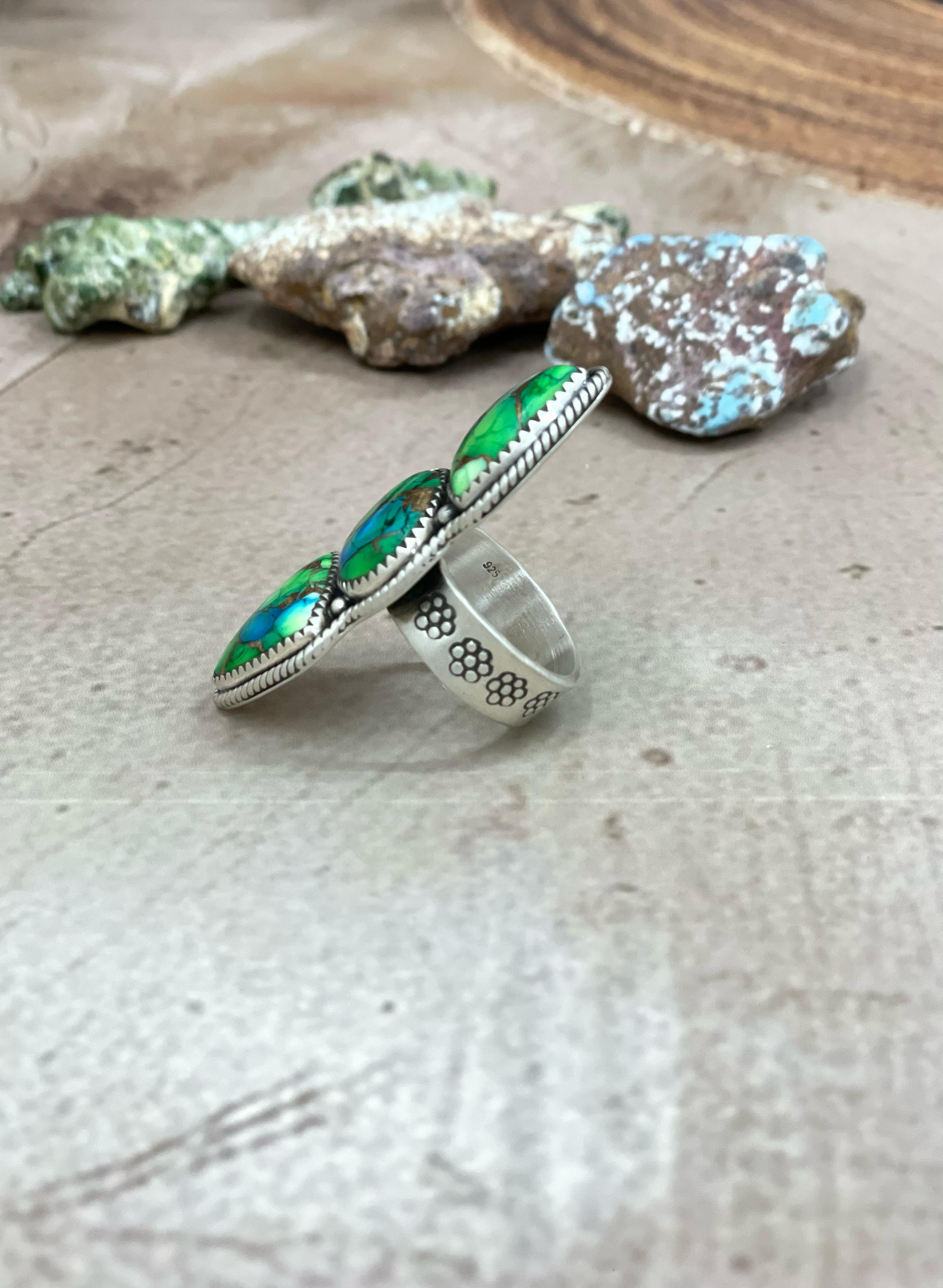 Handmade Sterling Silver Peacock Dahlia Adjustable Ring with Signed Nizhoni