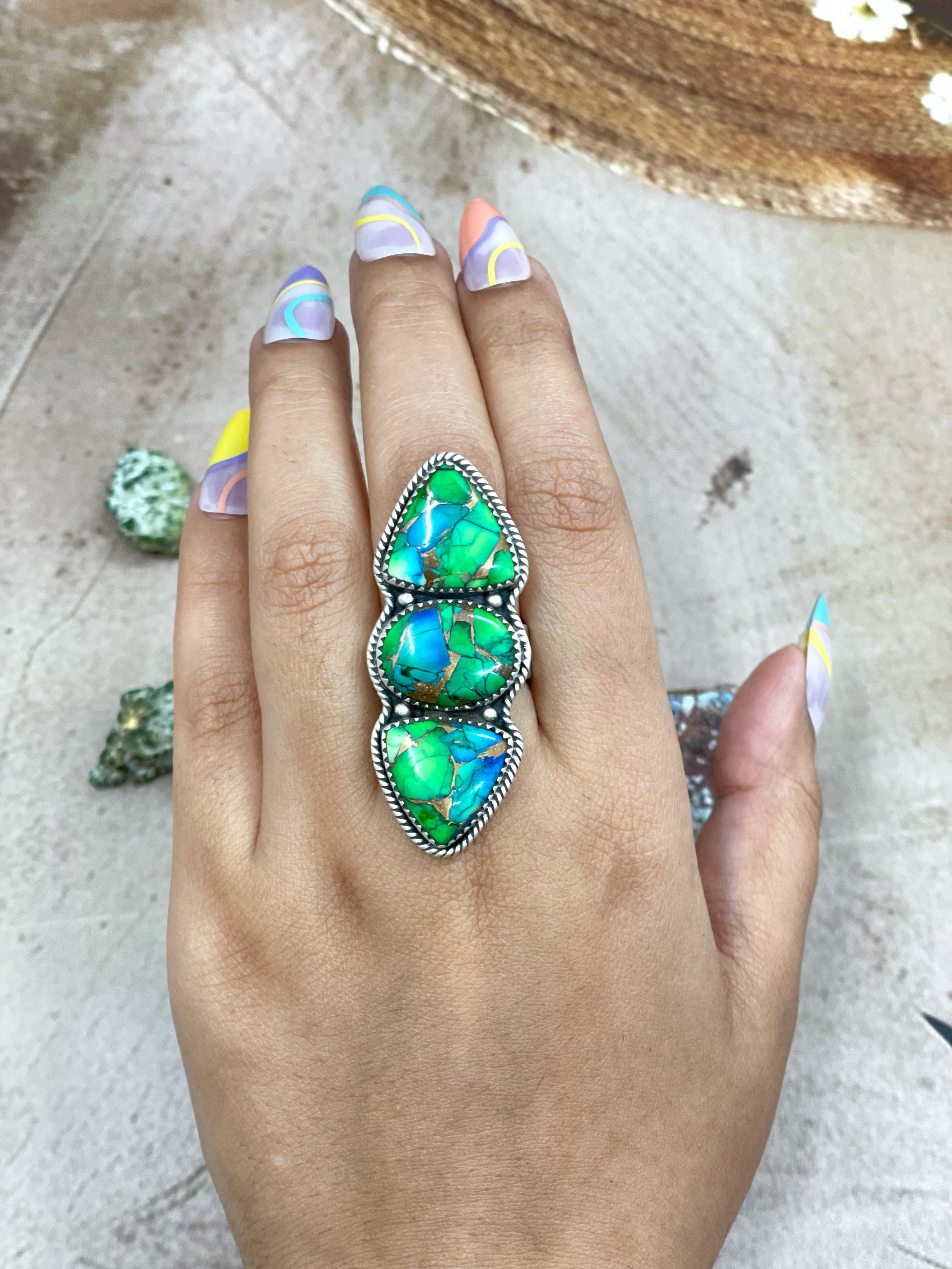 Handmade Sterling Silver Peacock Dahlia Adjustable Ring with Signed Nizhoni