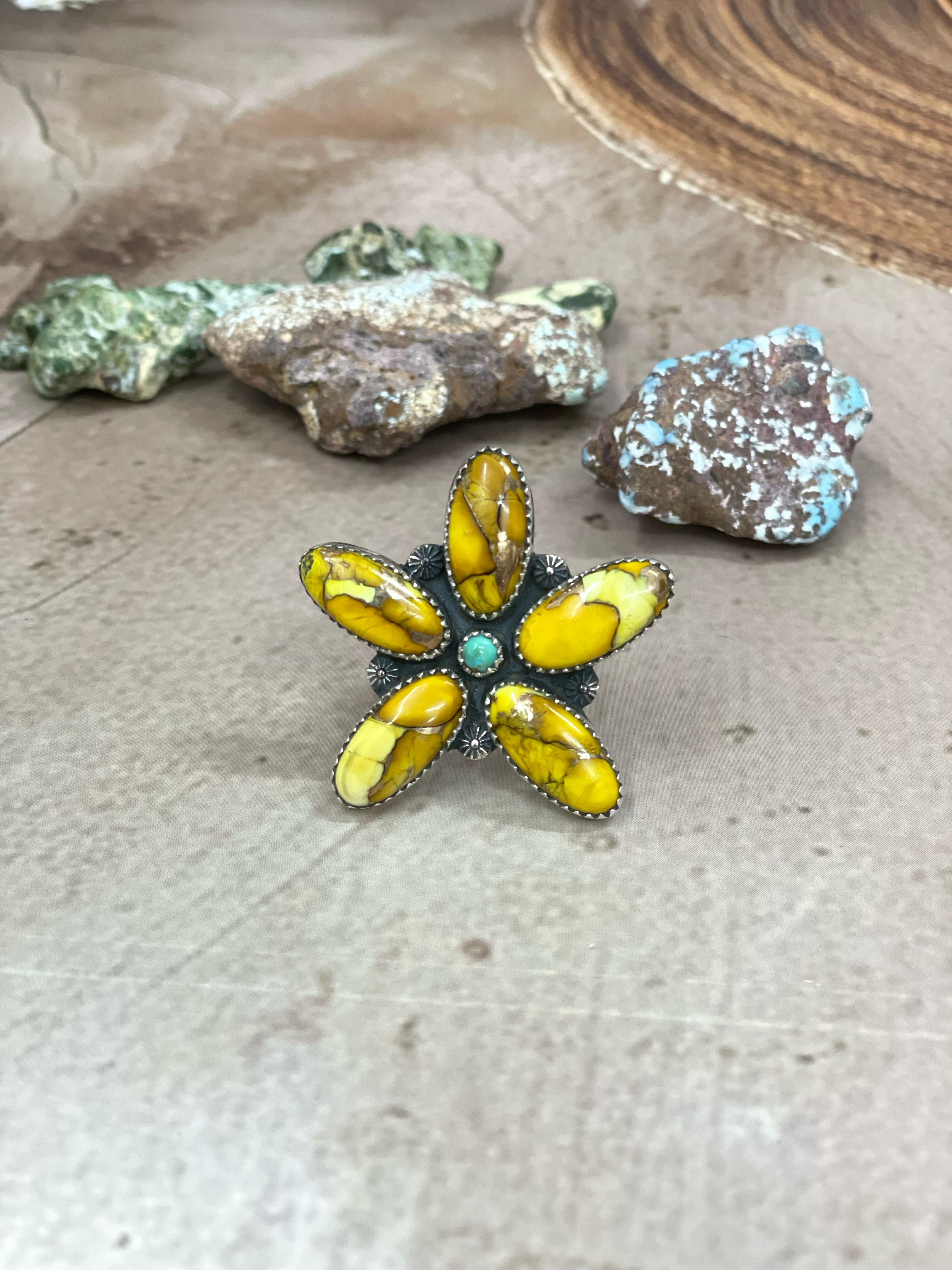 Handmade Sterling Silver Honey Dahlia with Kingman Turquoise Adjustable Flower Ring with Signed Nizhoni