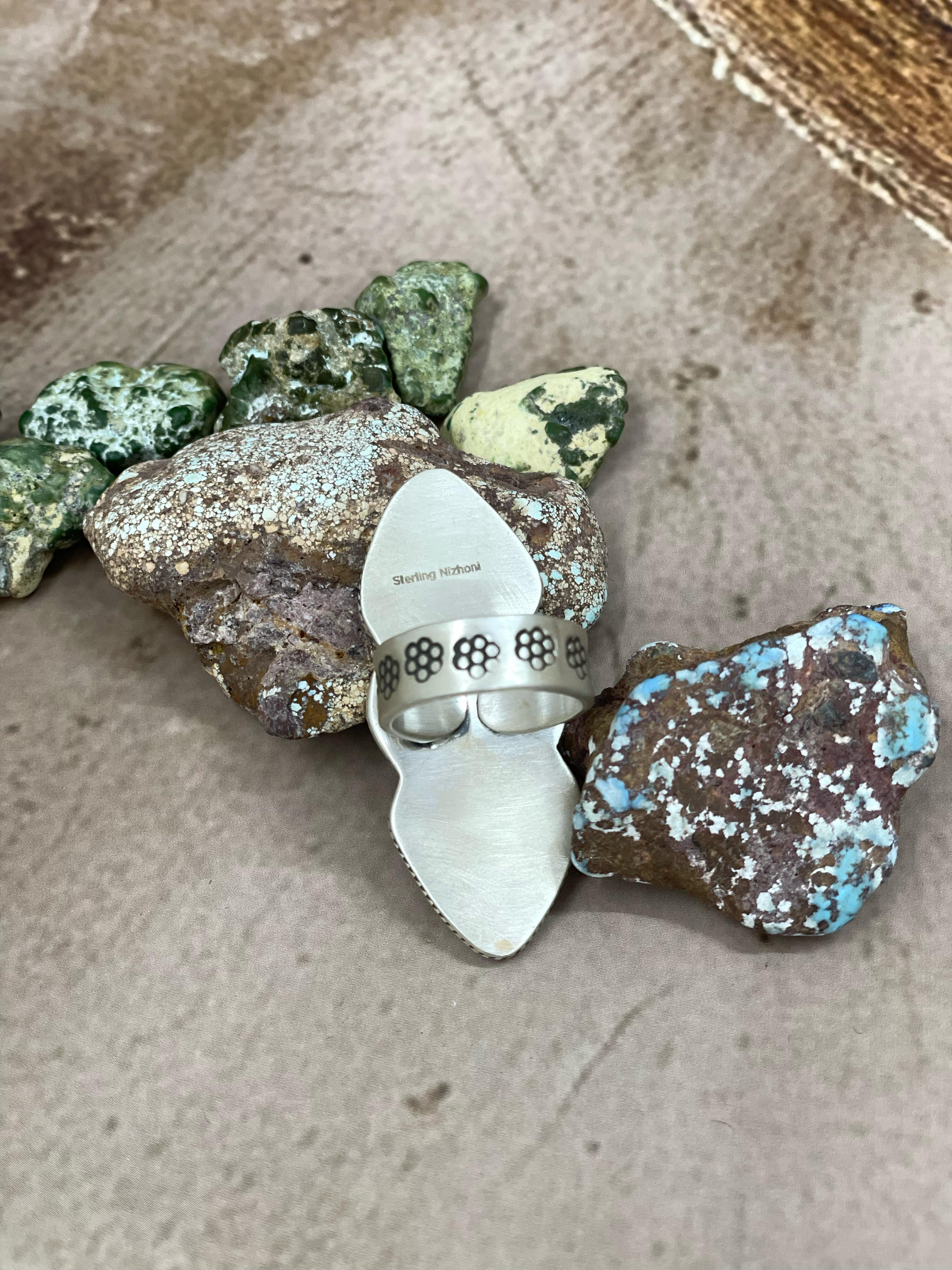 Handmade Sterling Silver Peacock Dahlia Adjustable Ring with Signed Nizhoni