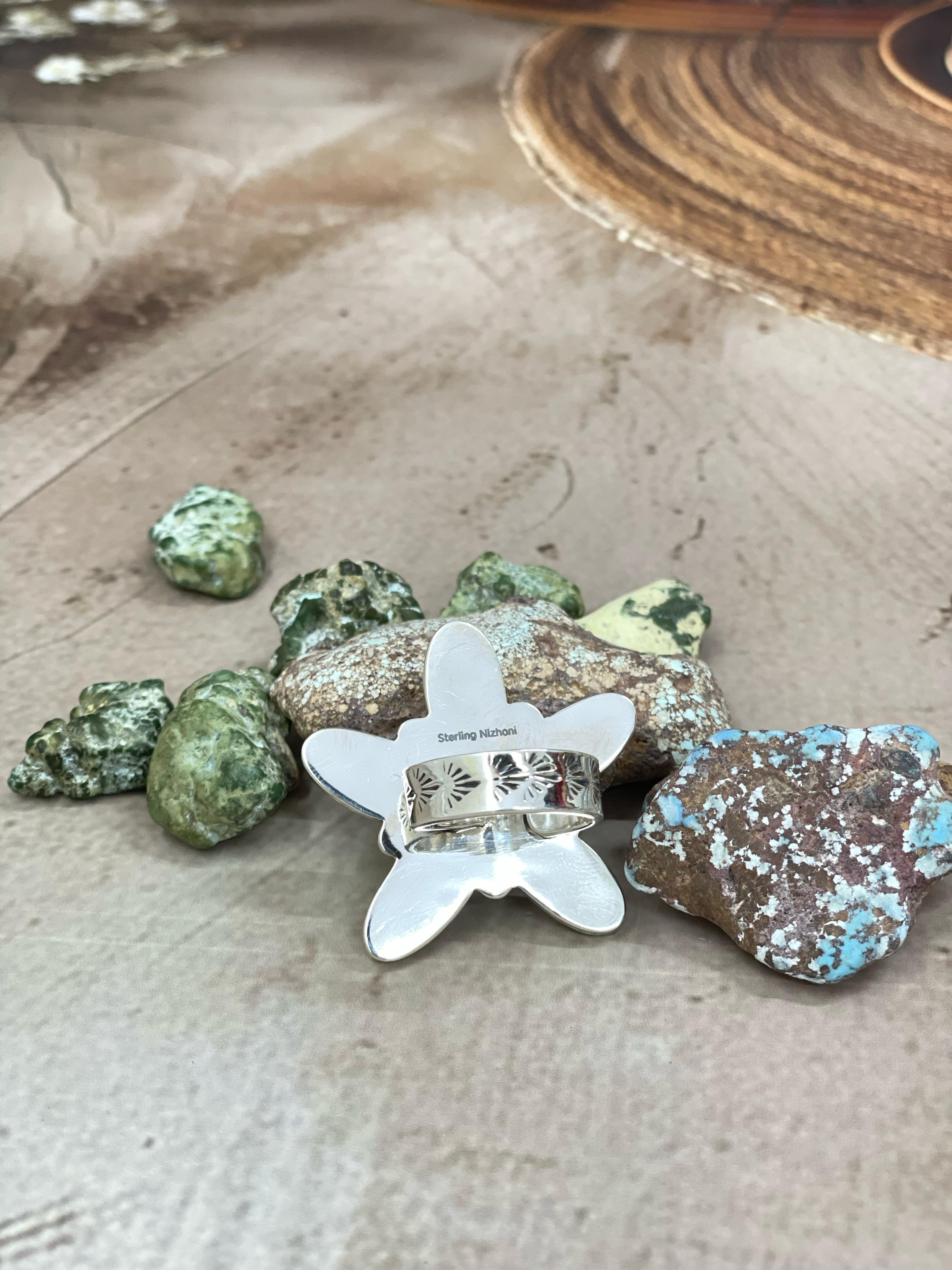 Handmade Sterling Silver Honey Dahlia with Kingman Turquoise Adjustable Flower Ring with Signed Nizhoni